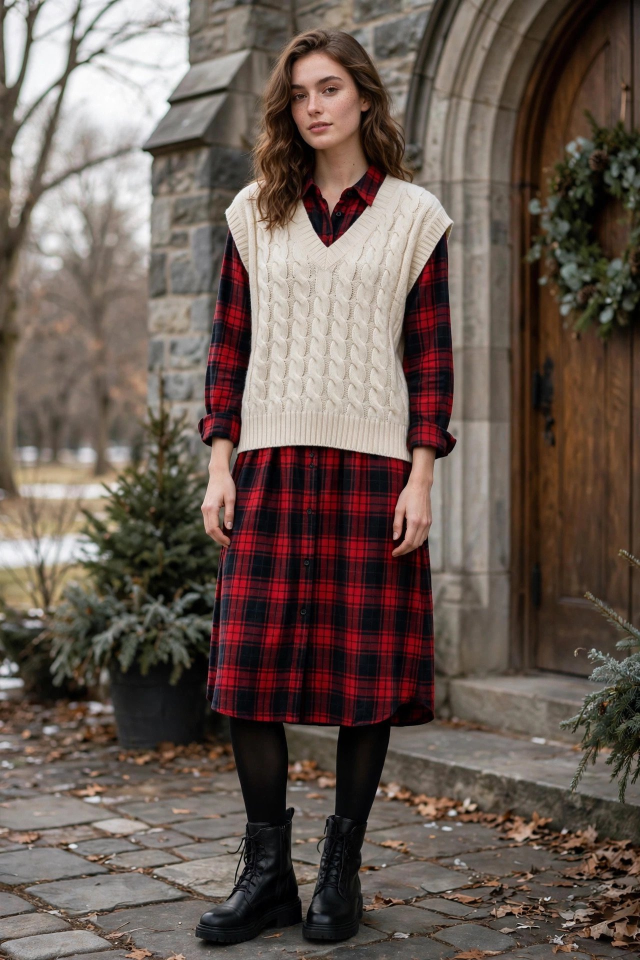 Layered vest over winter church dress