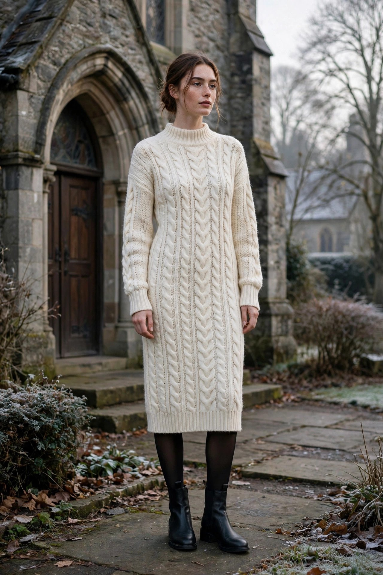 Cream sweater dress with tights and boots