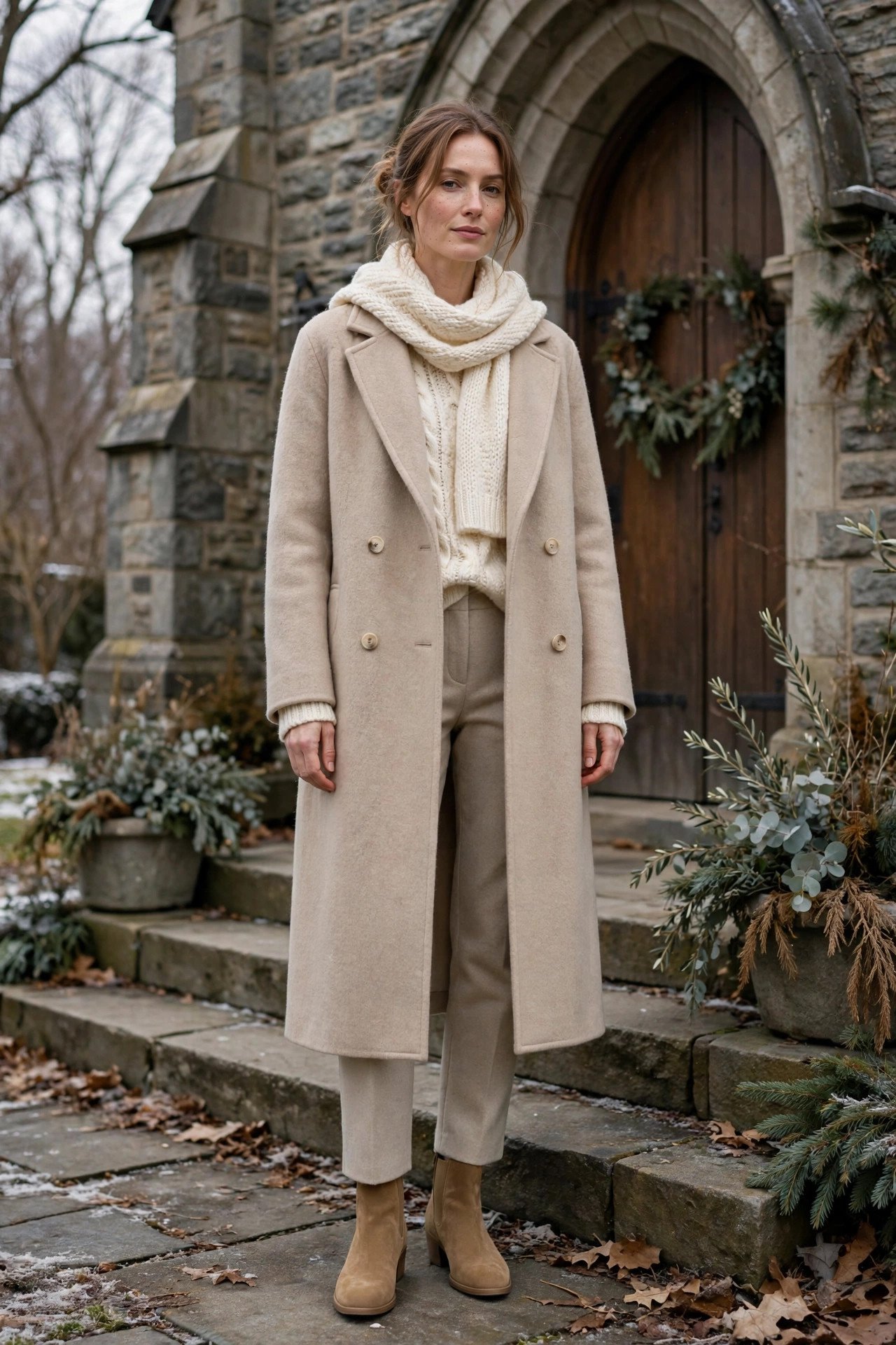 Neutral Sunday church outfit in winter
