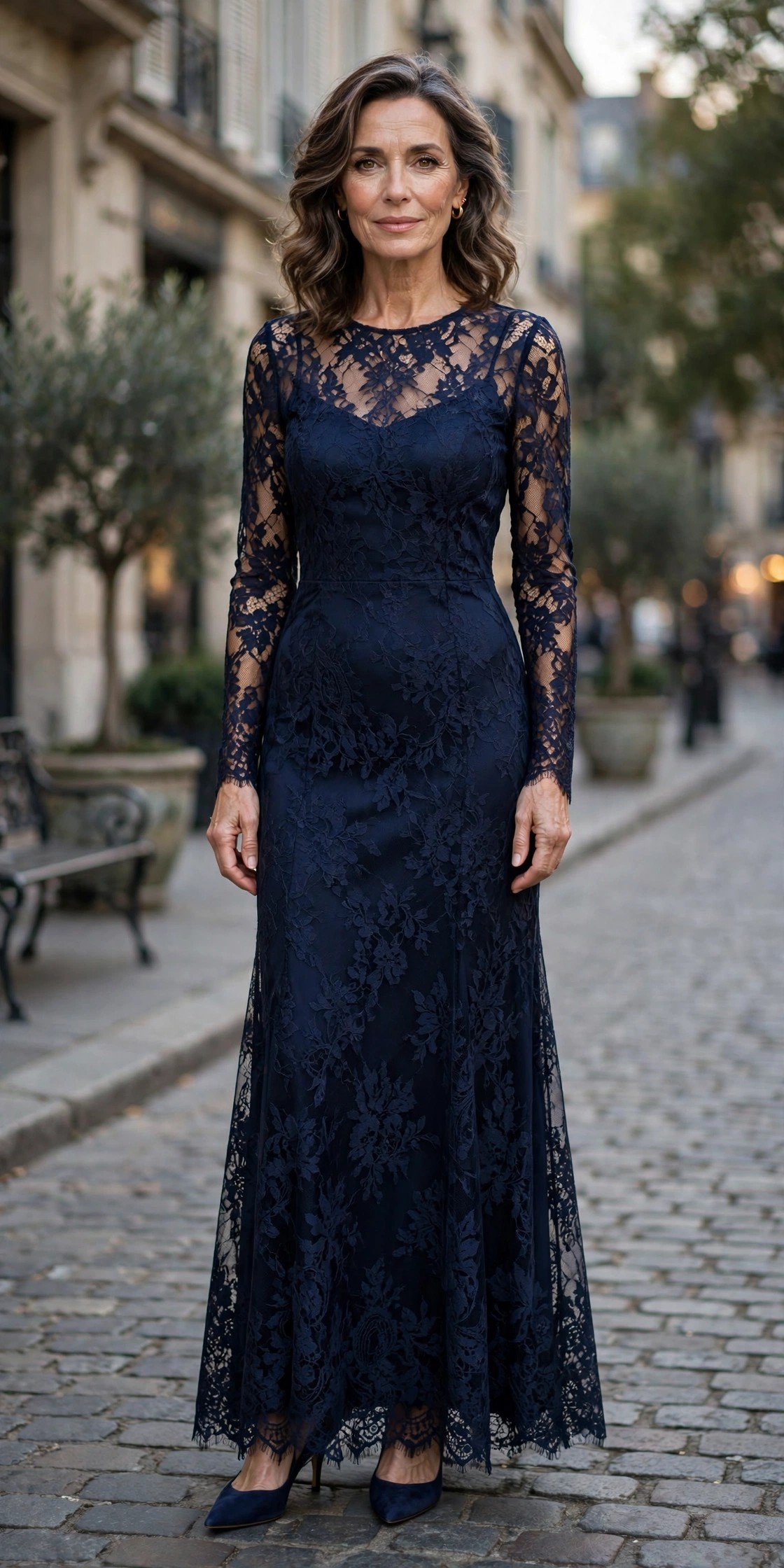 Navy lace overlay evening dress for a sophisticated party look