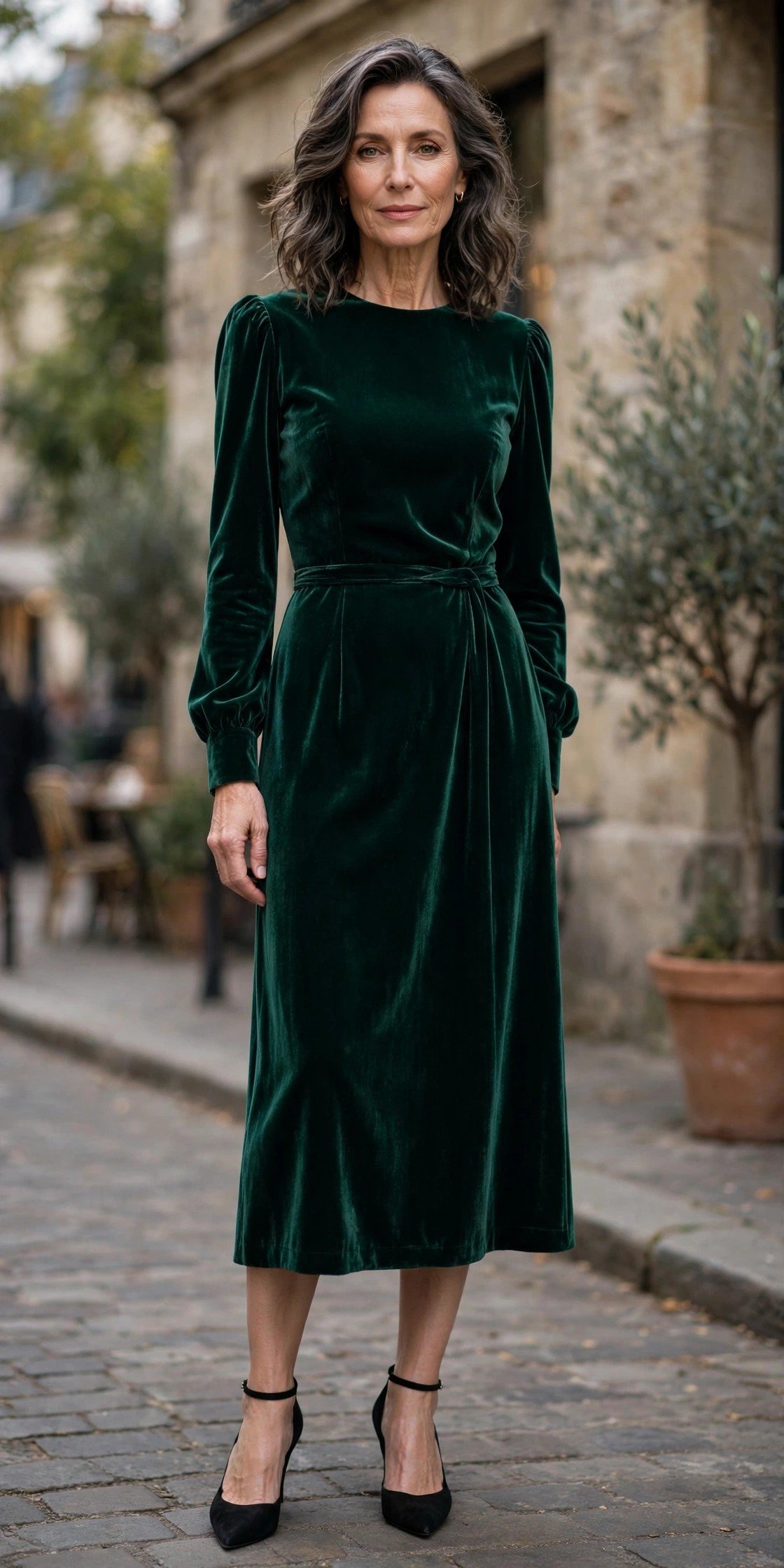 Emerald velvet midi dress for a luxurious party outfit