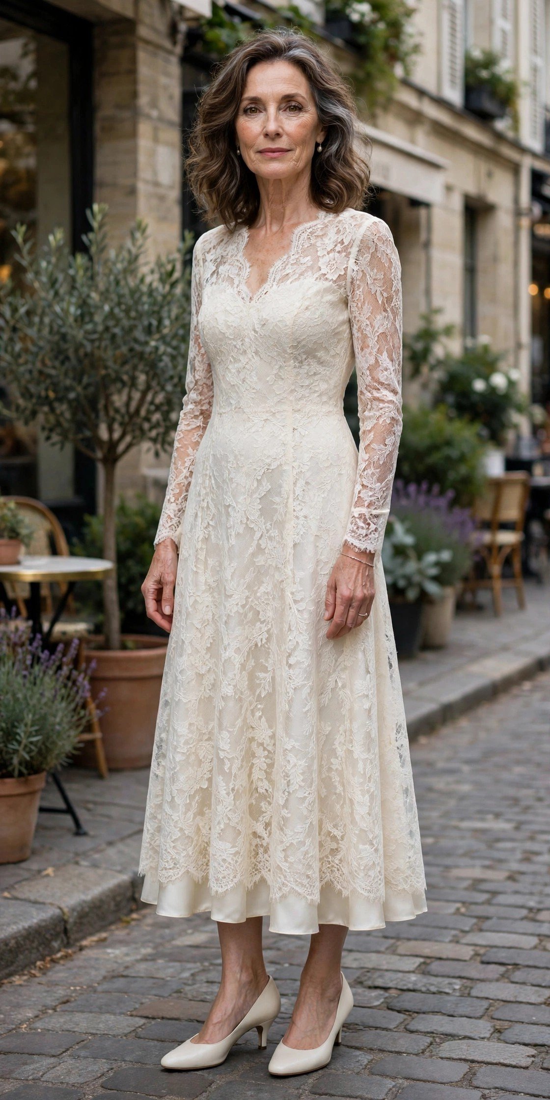 Ivory lace midi dress with lining for an elegant party look
