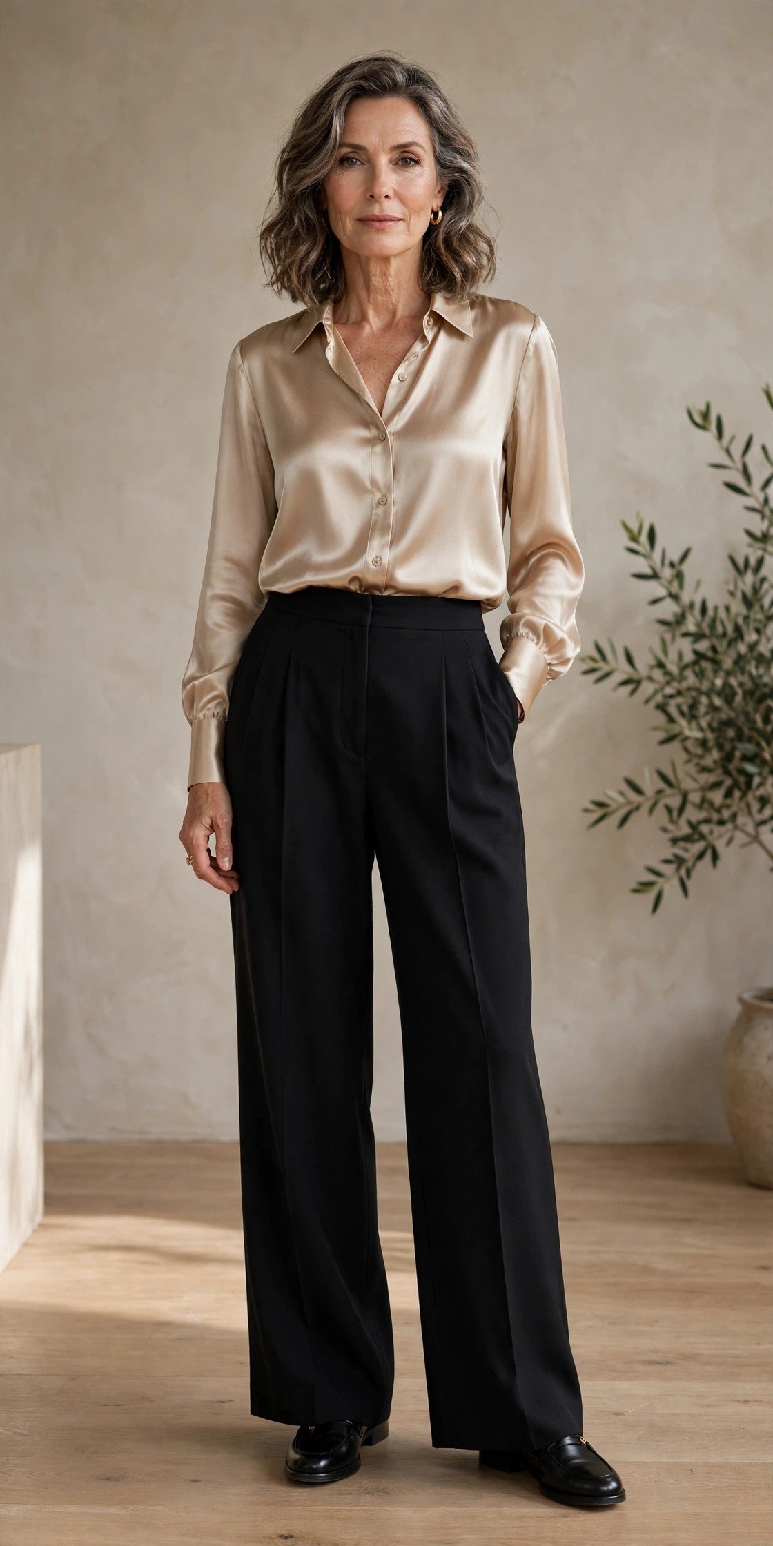 Champagne satin blouse with black wide-leg trousers for a chic party