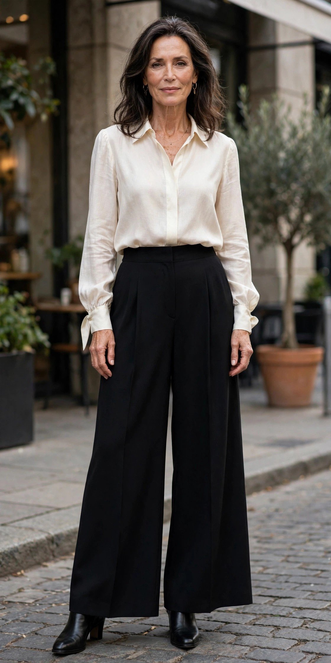 Ivory blouse with black palazzo pants for an elegant party outfit
