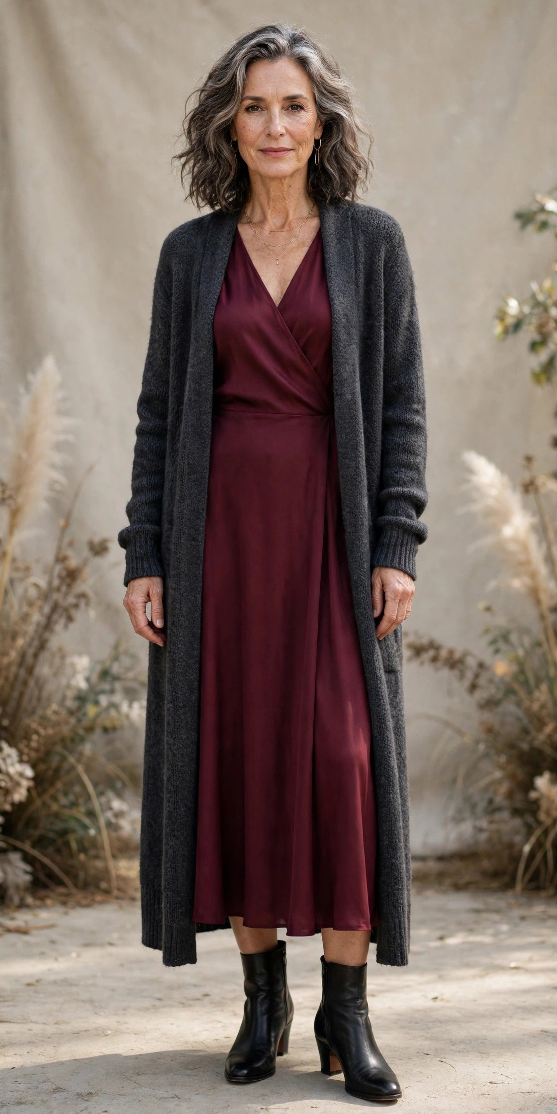Long charcoal cardigan over burgundy dress for a cozy elegant party