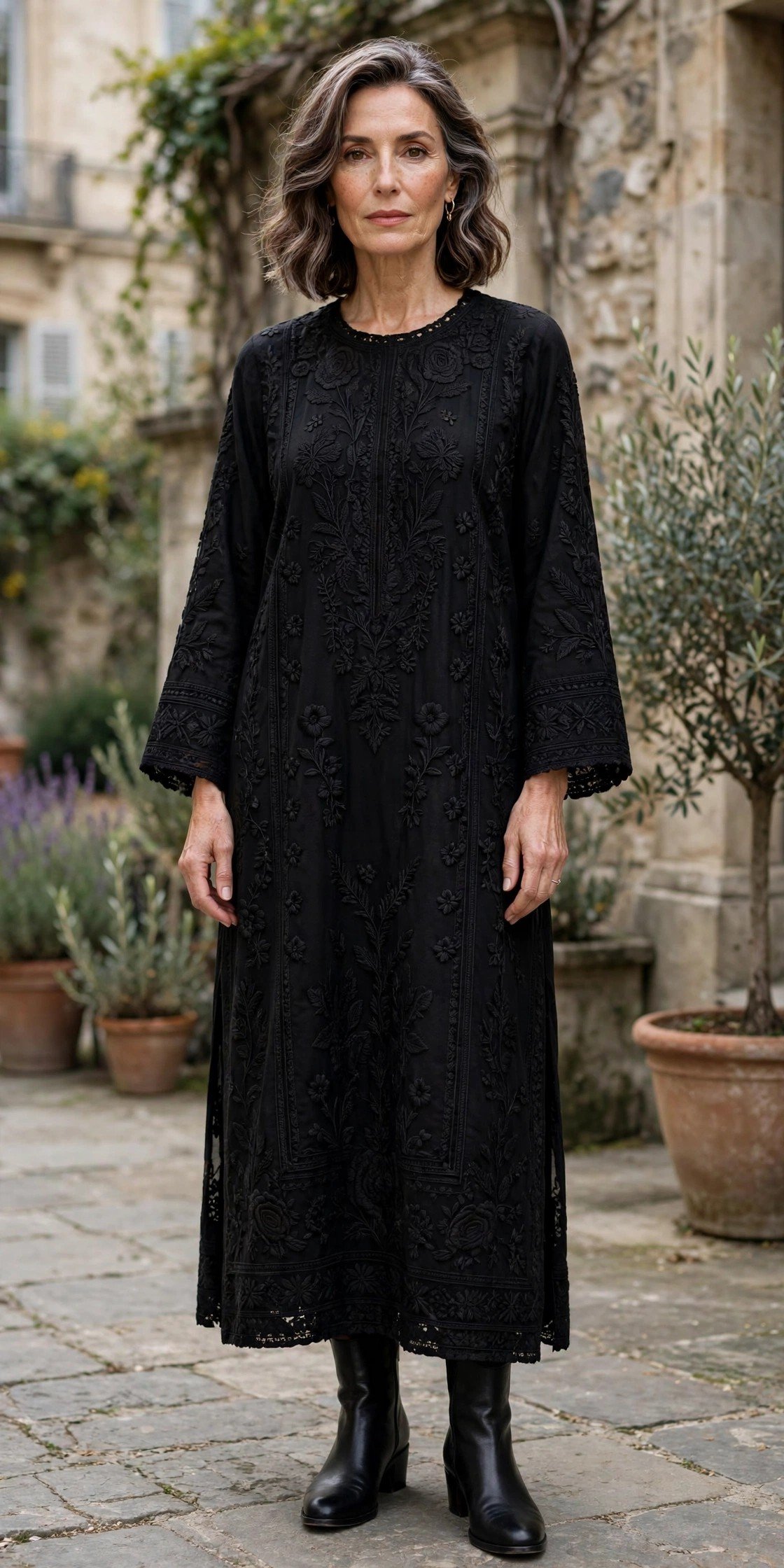 Black embroidered tunic dress for an artistic party outfit