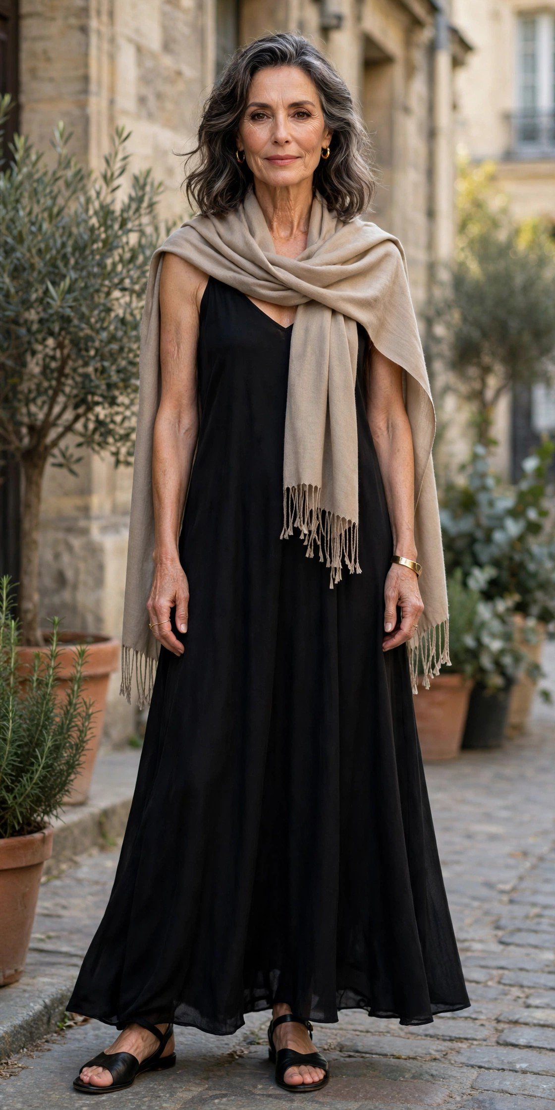 Elegant woman in a black dress by the sea