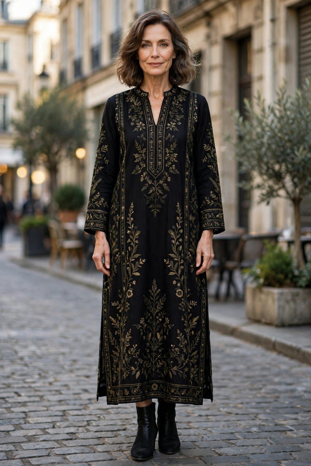 Woman in a black dress with floral details in an elegant interior