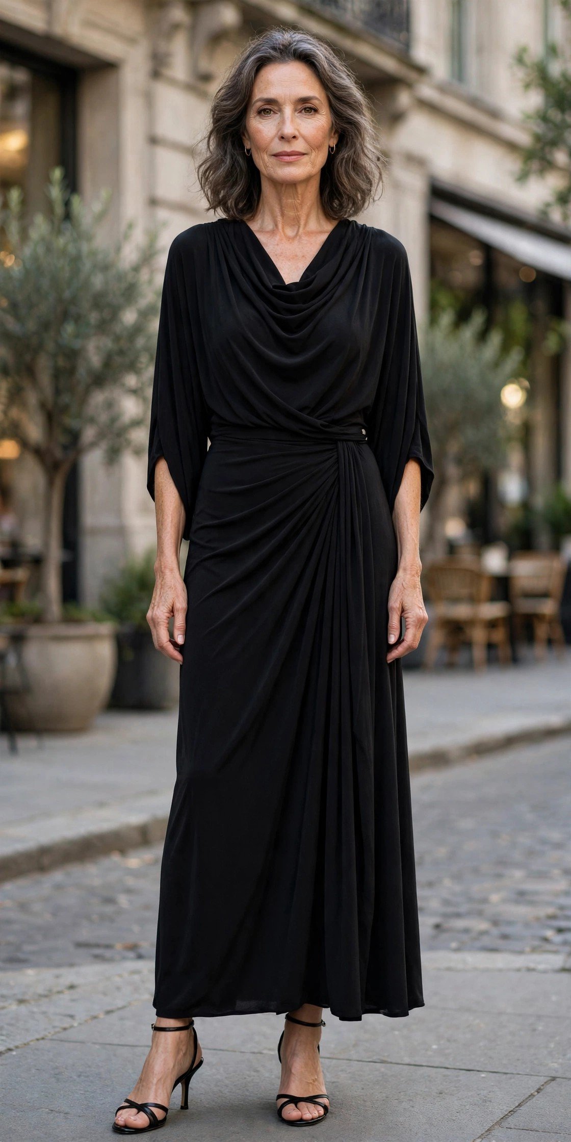 Sophisticated woman in a black dress in a minimalist setting