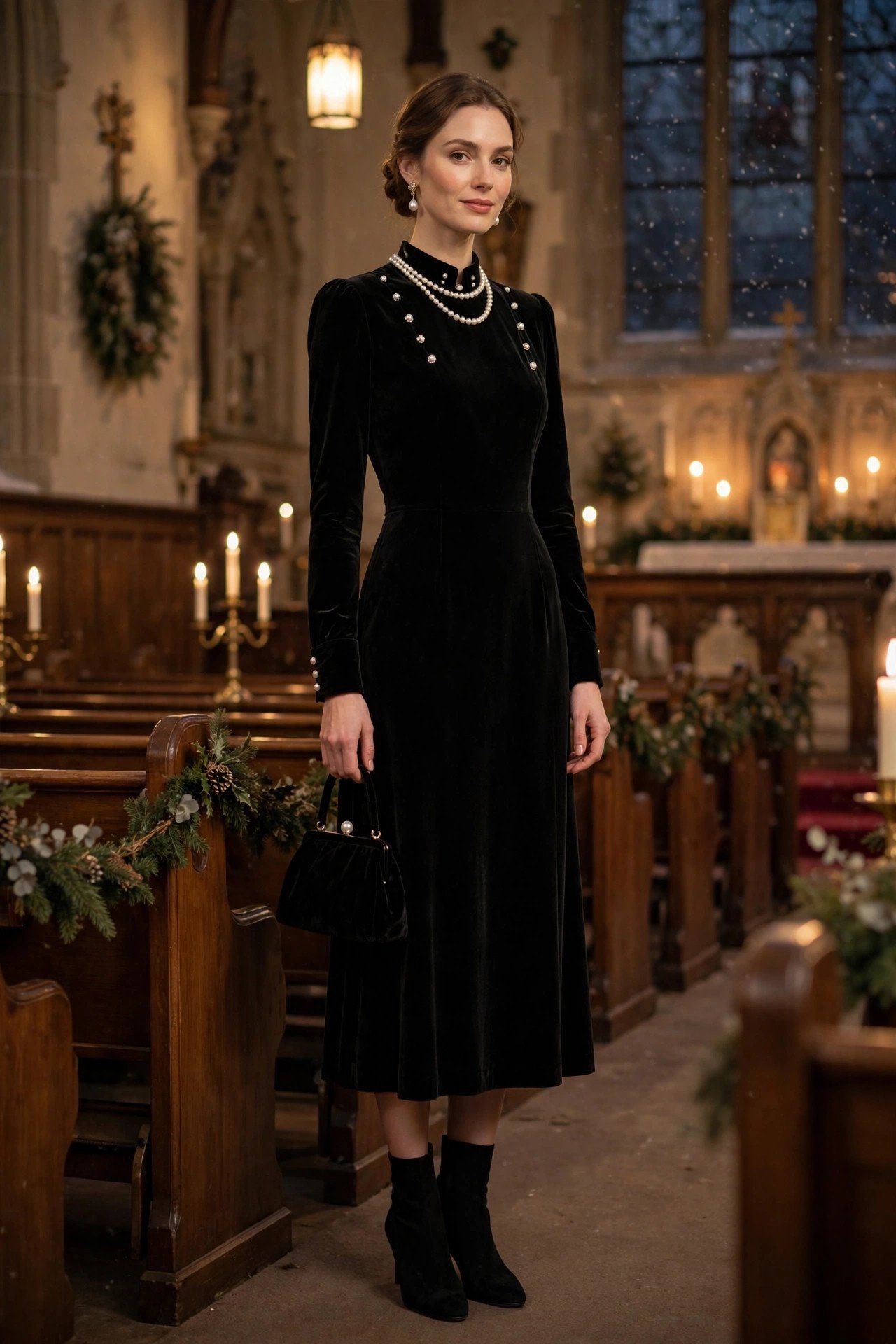 Black velvet dress with pearl details