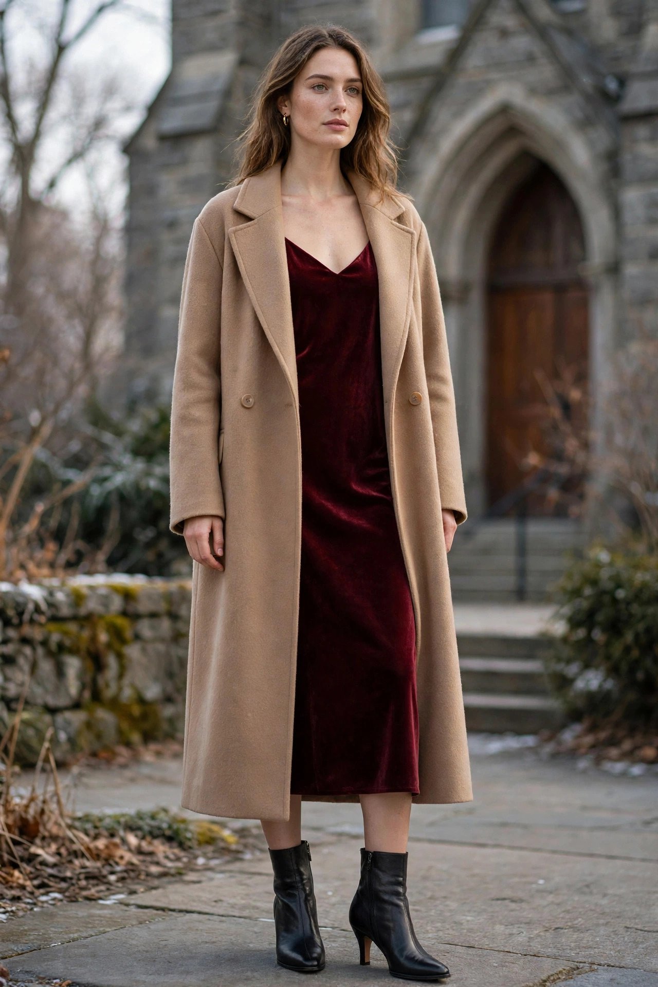 Velvet slip dress with long coat for church