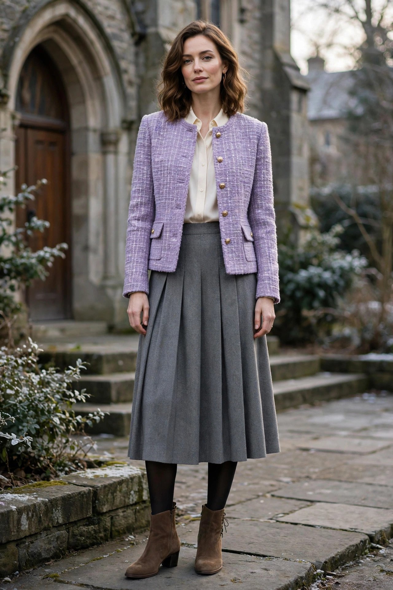 Tweed jacket and wool midi skirt