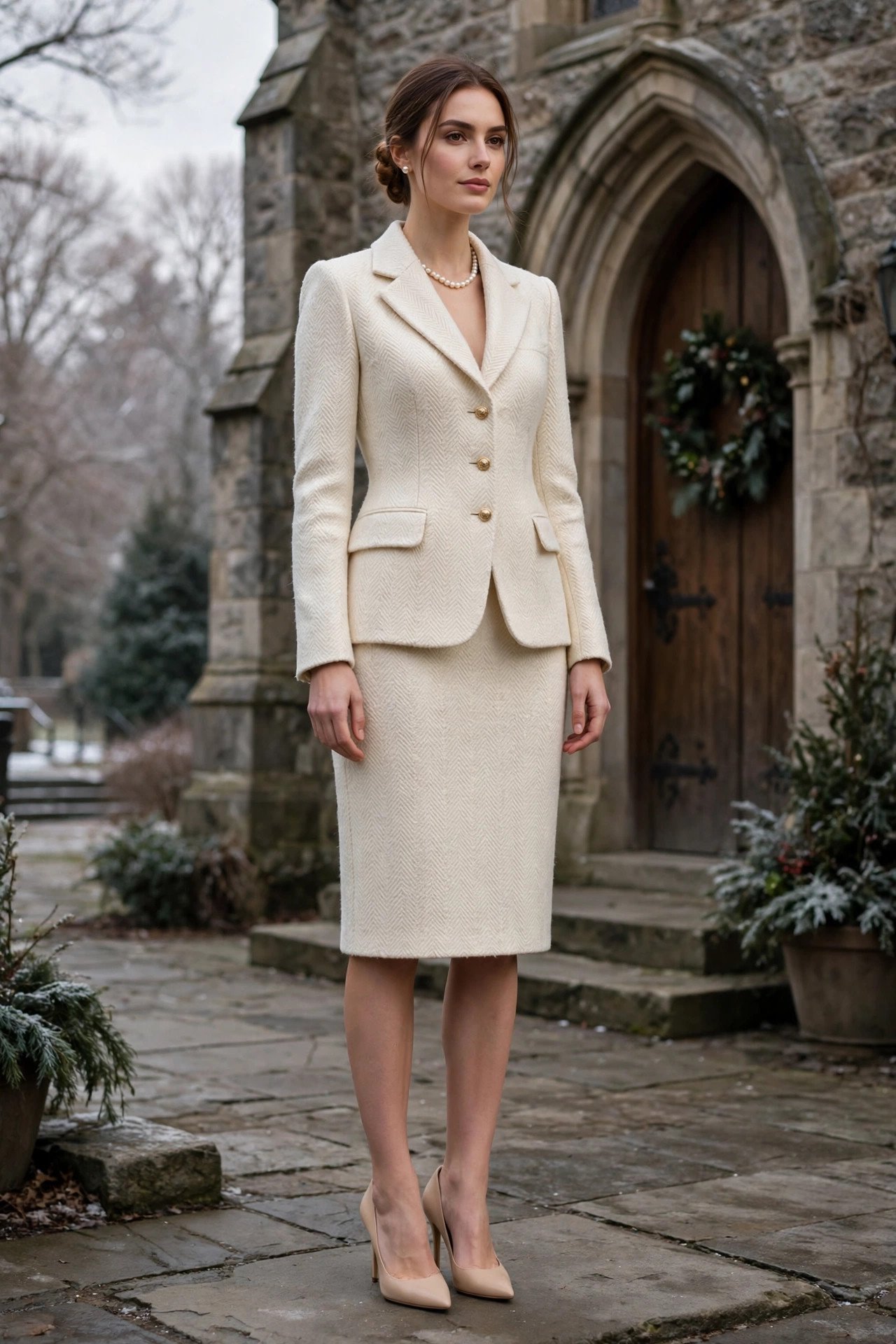 Tweed skirt suit with pearls