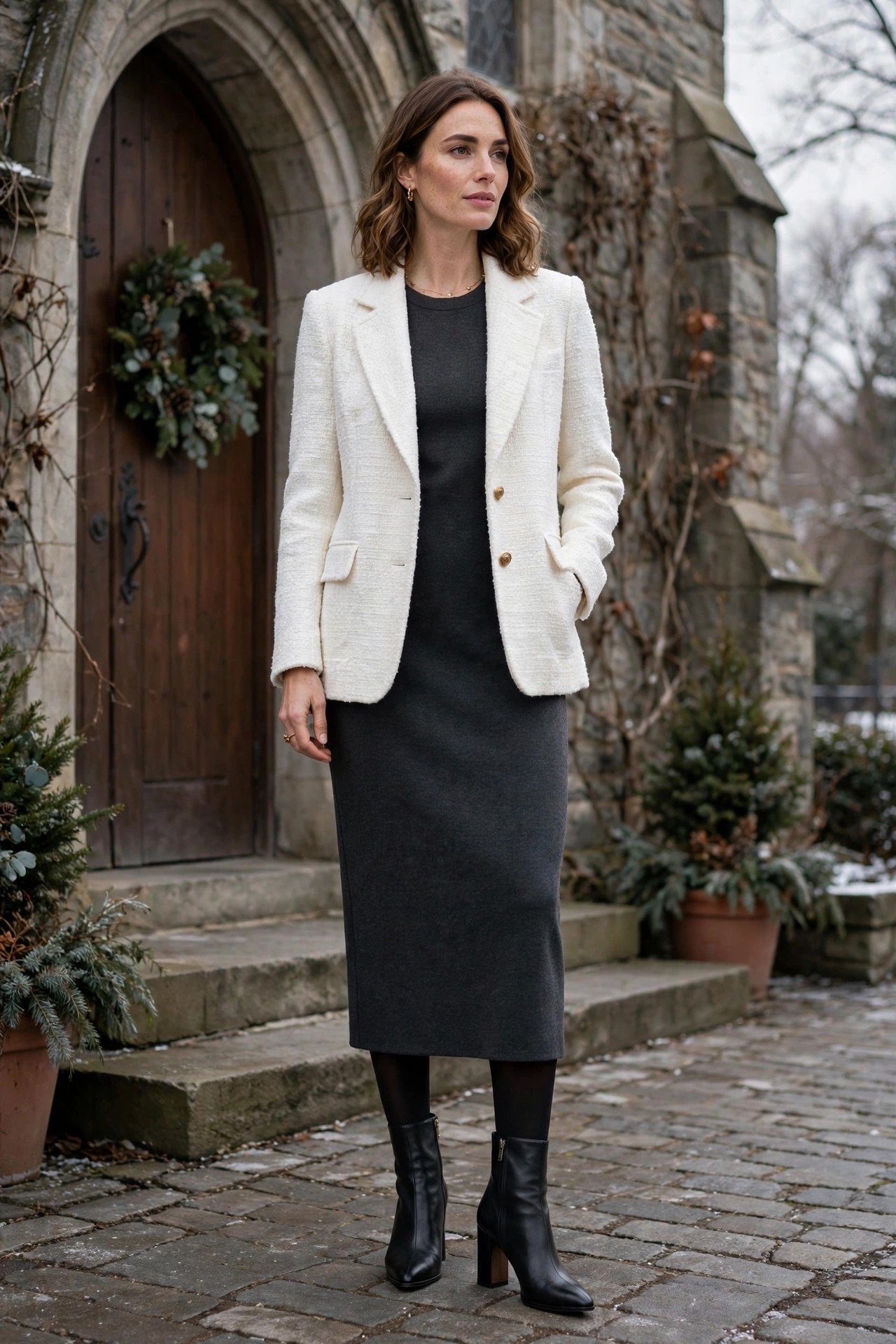 Tweed blazer over dark dress