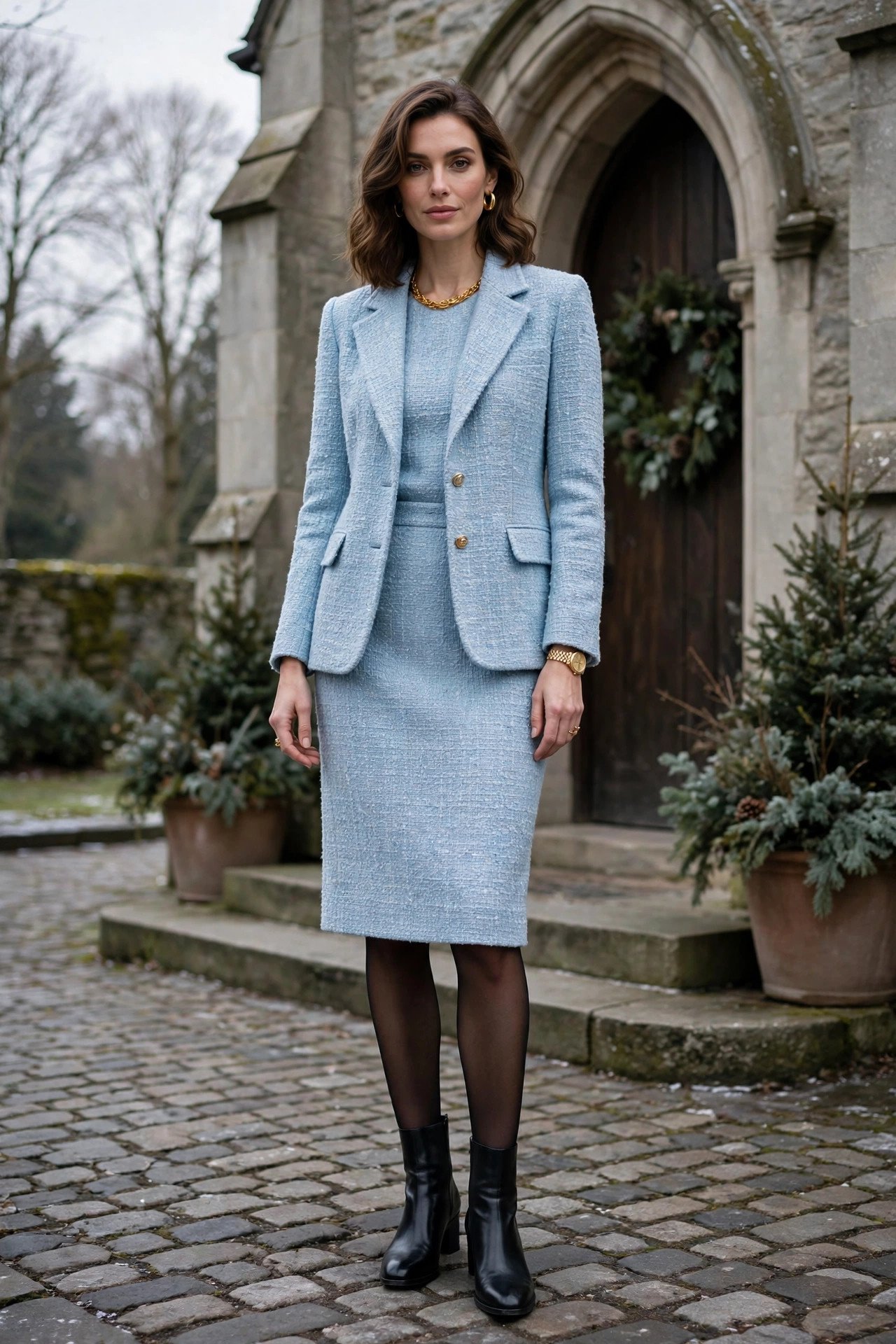 Tweed set with gold accessories
