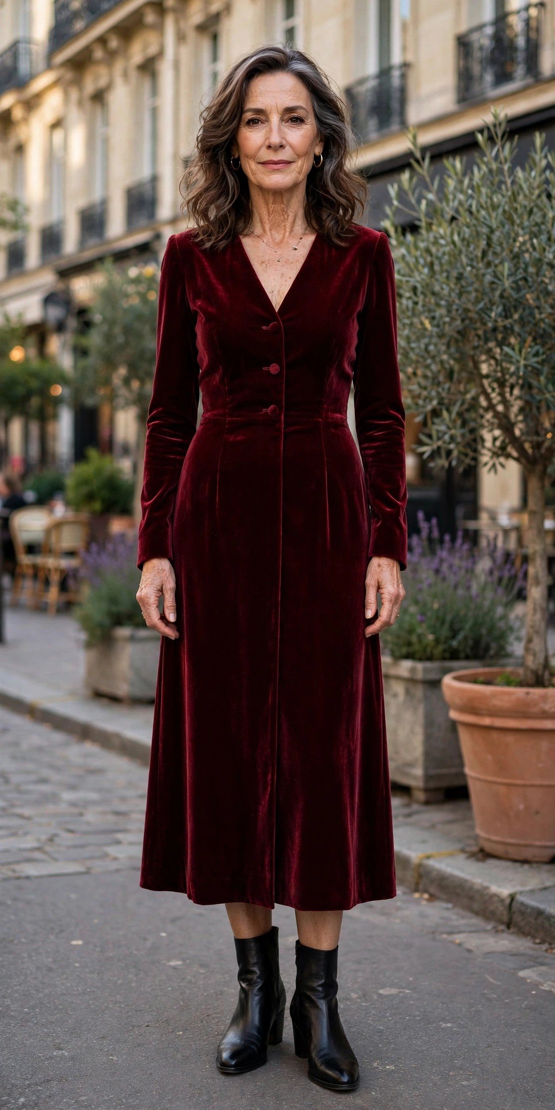 Elegant woman over 50 wearing a burgundy velvet midi dress