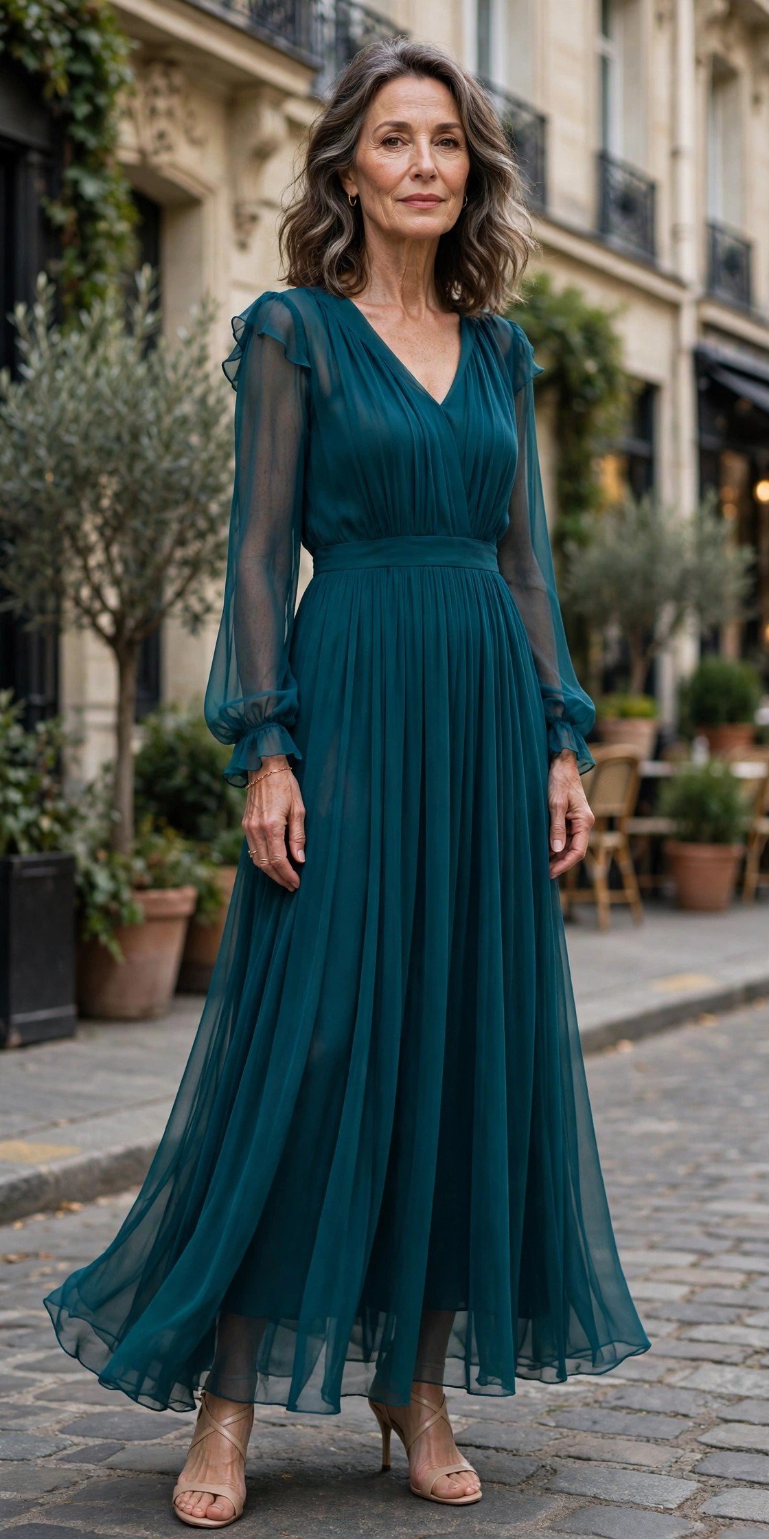 Woman over 50 wearing a teal chiffon dress with sleeves