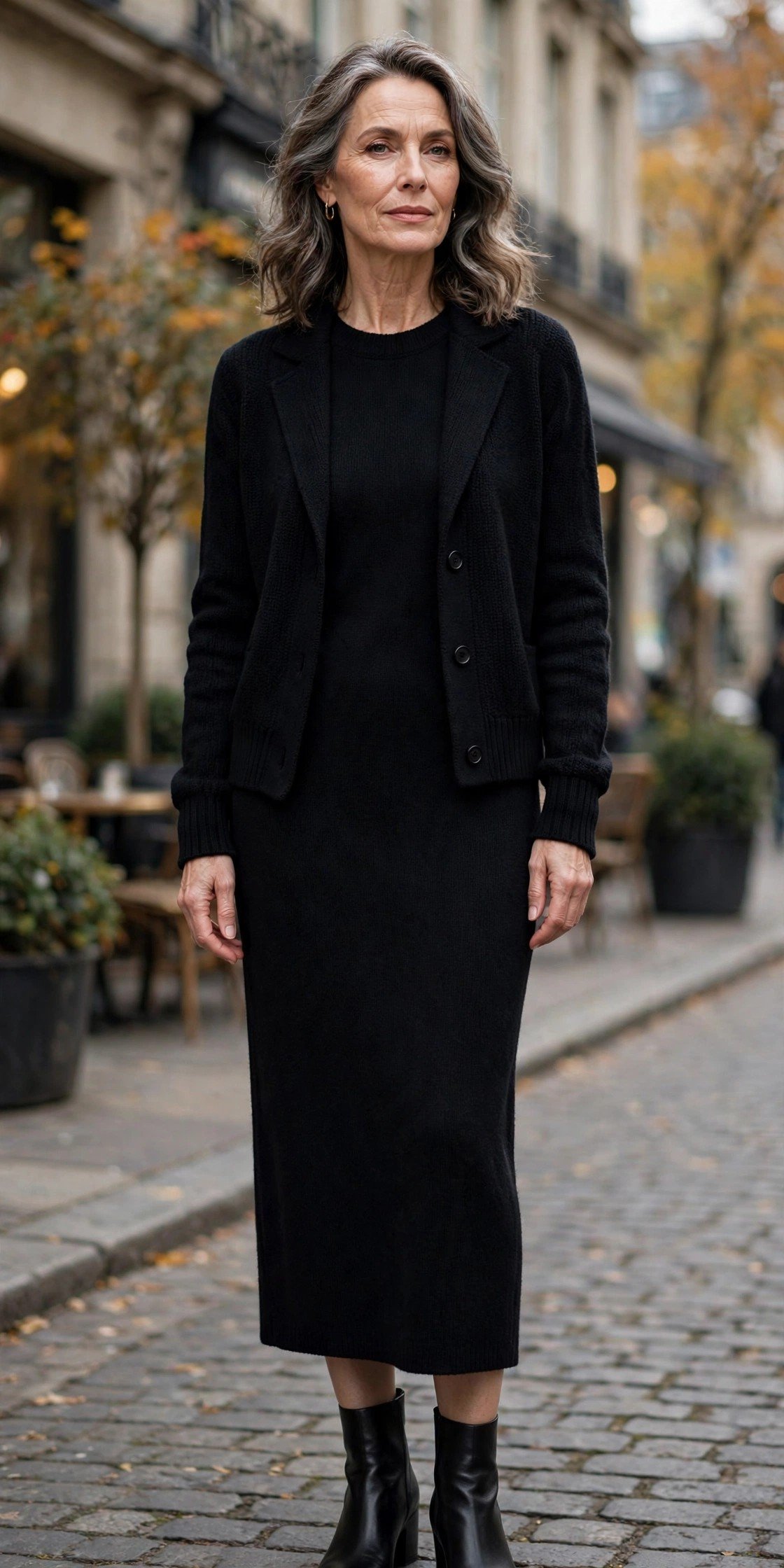 Woman over 50 in a black knit midi dress with a jacket