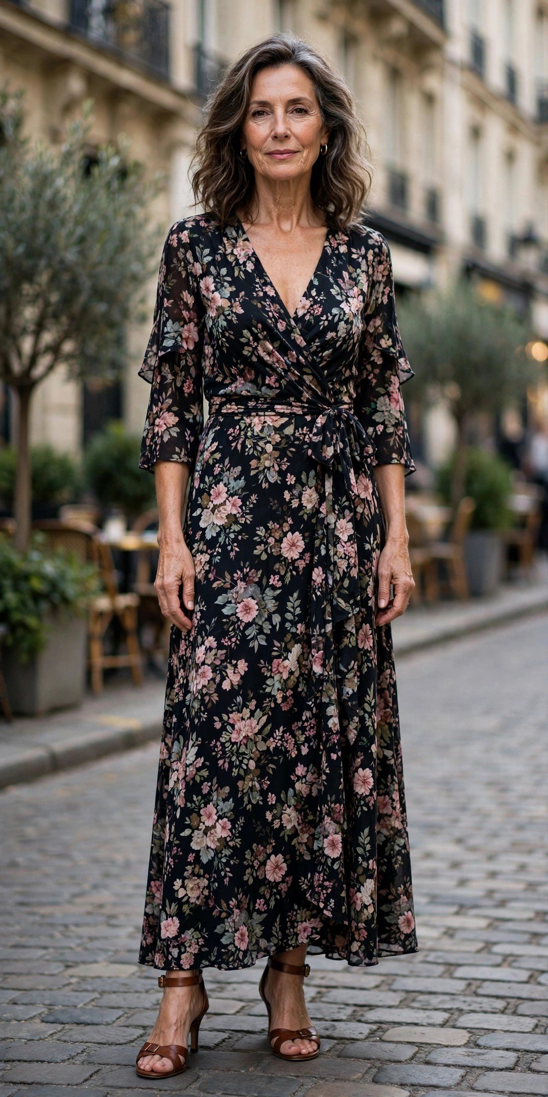 Elegant woman wearing a dark floral wrap dress
