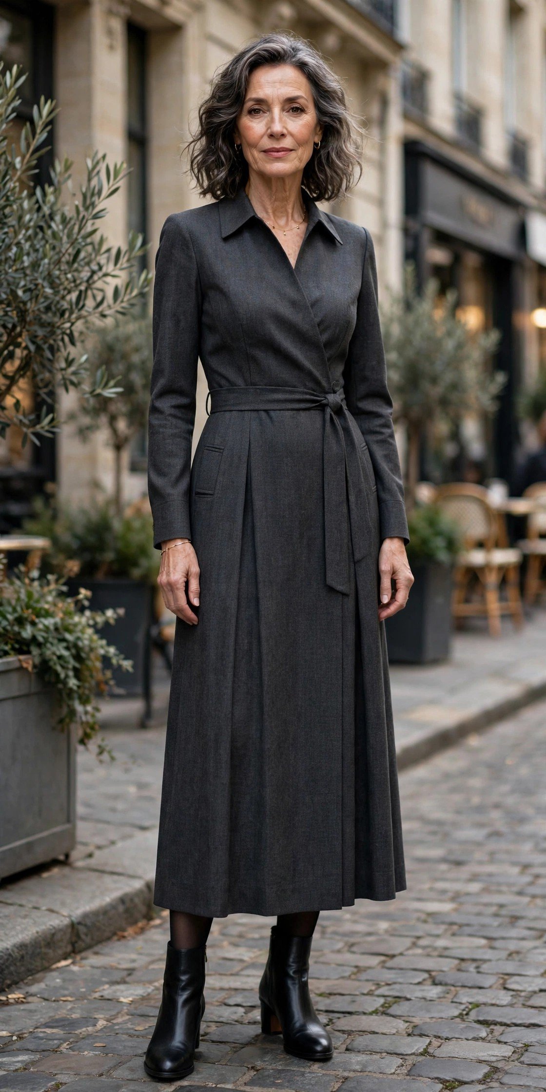 Woman over 50 in a charcoal tailored dress