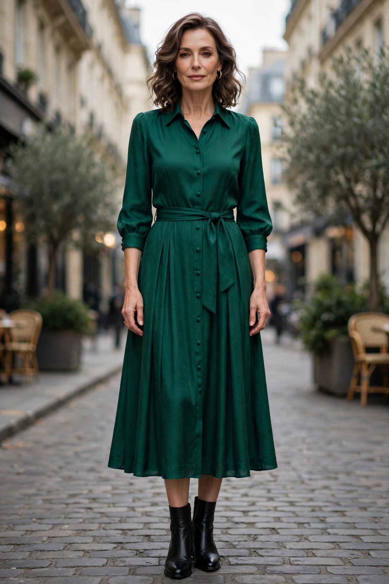 Woman over 50 wearing an emerald midi dress