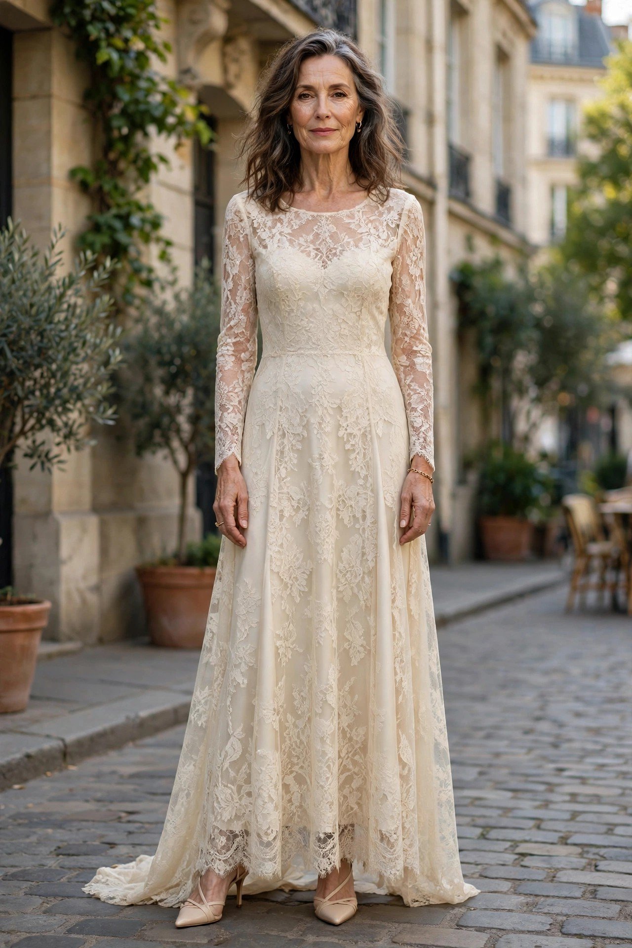 Elegant woman in a cream lace overlay dress