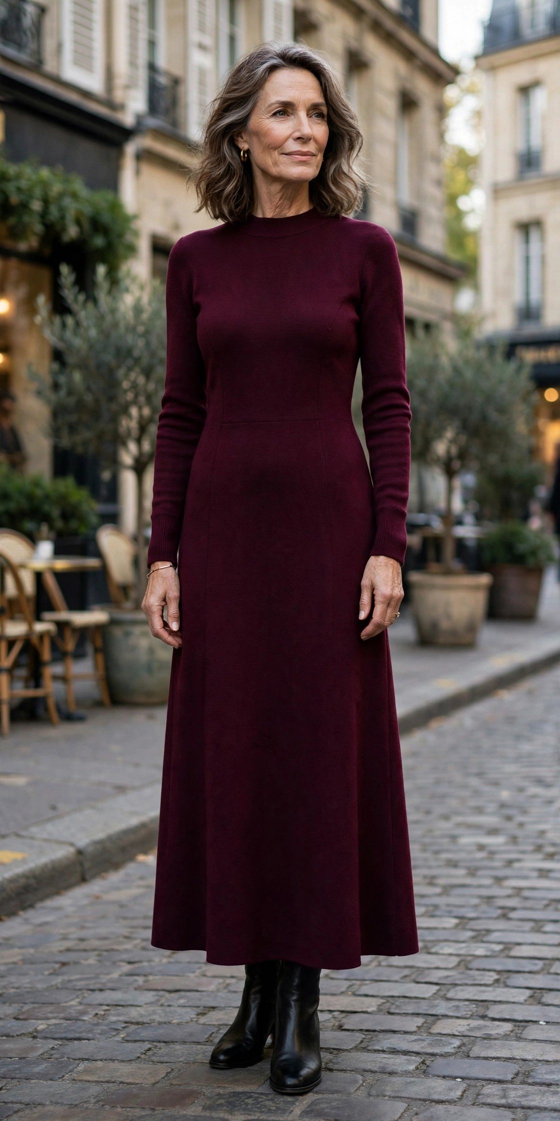 Elegant woman wearing a wine ponte dress