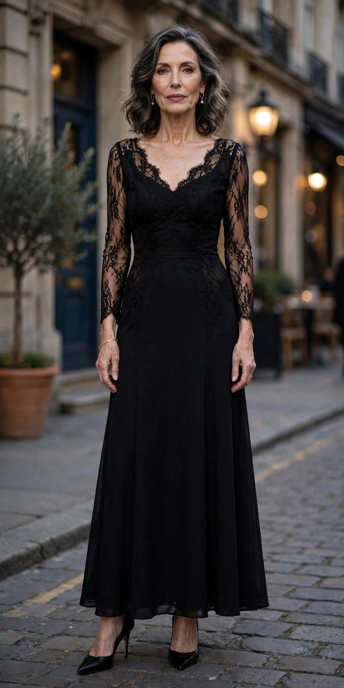 Woman over 50 wearing a classic black evening dress