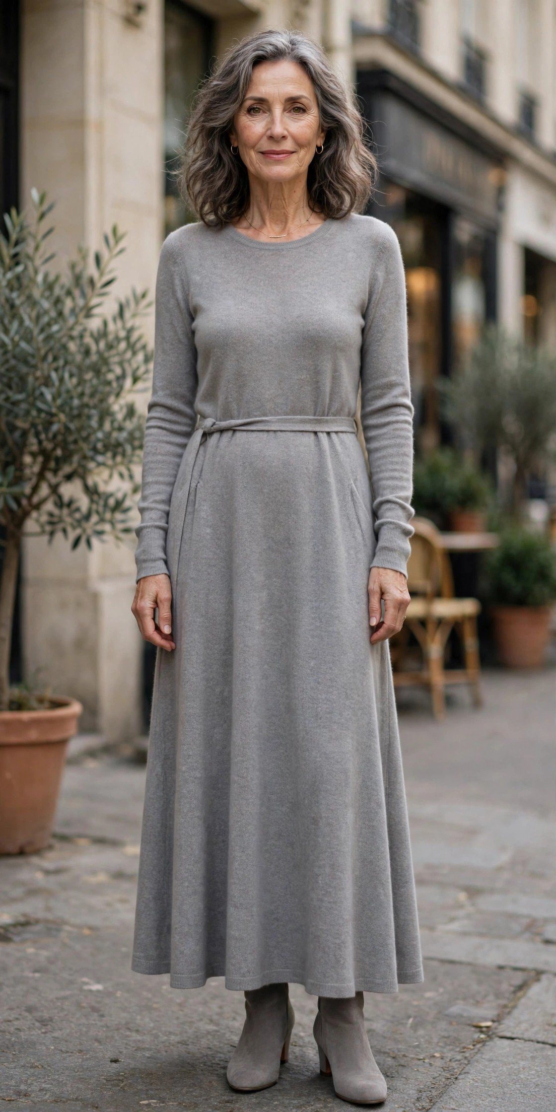 Elegant woman in a soft grey cashmere-blend dress