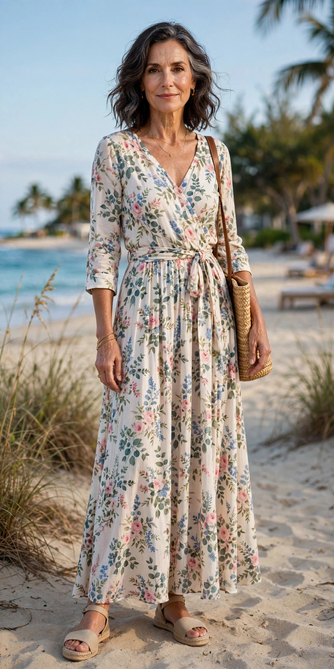 An elegant mature woman wearing a flowing floral maxi dress with three-quarter sleeves on vacation