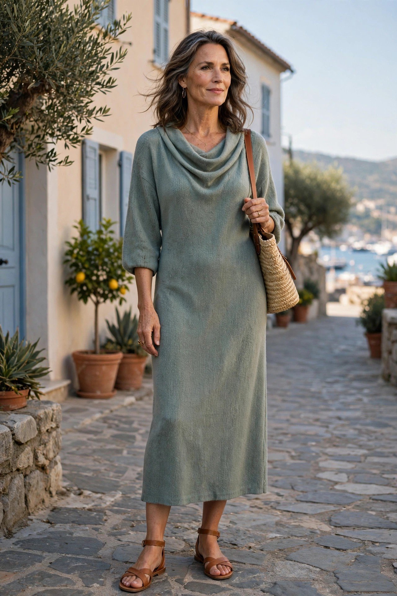 A woman over 50 wearing an elegant soft knit midi dress