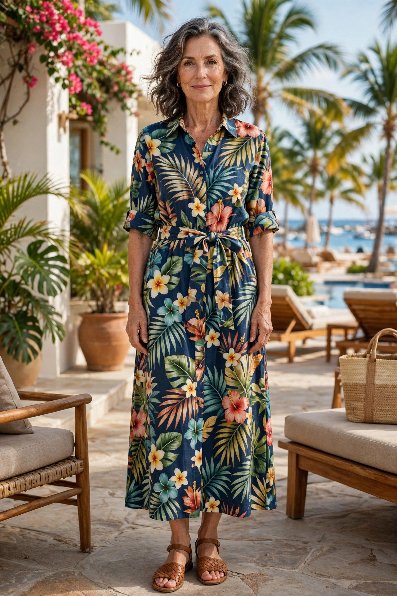 A woman over 50 wearing a belted tropical print shirt-dress on vacation