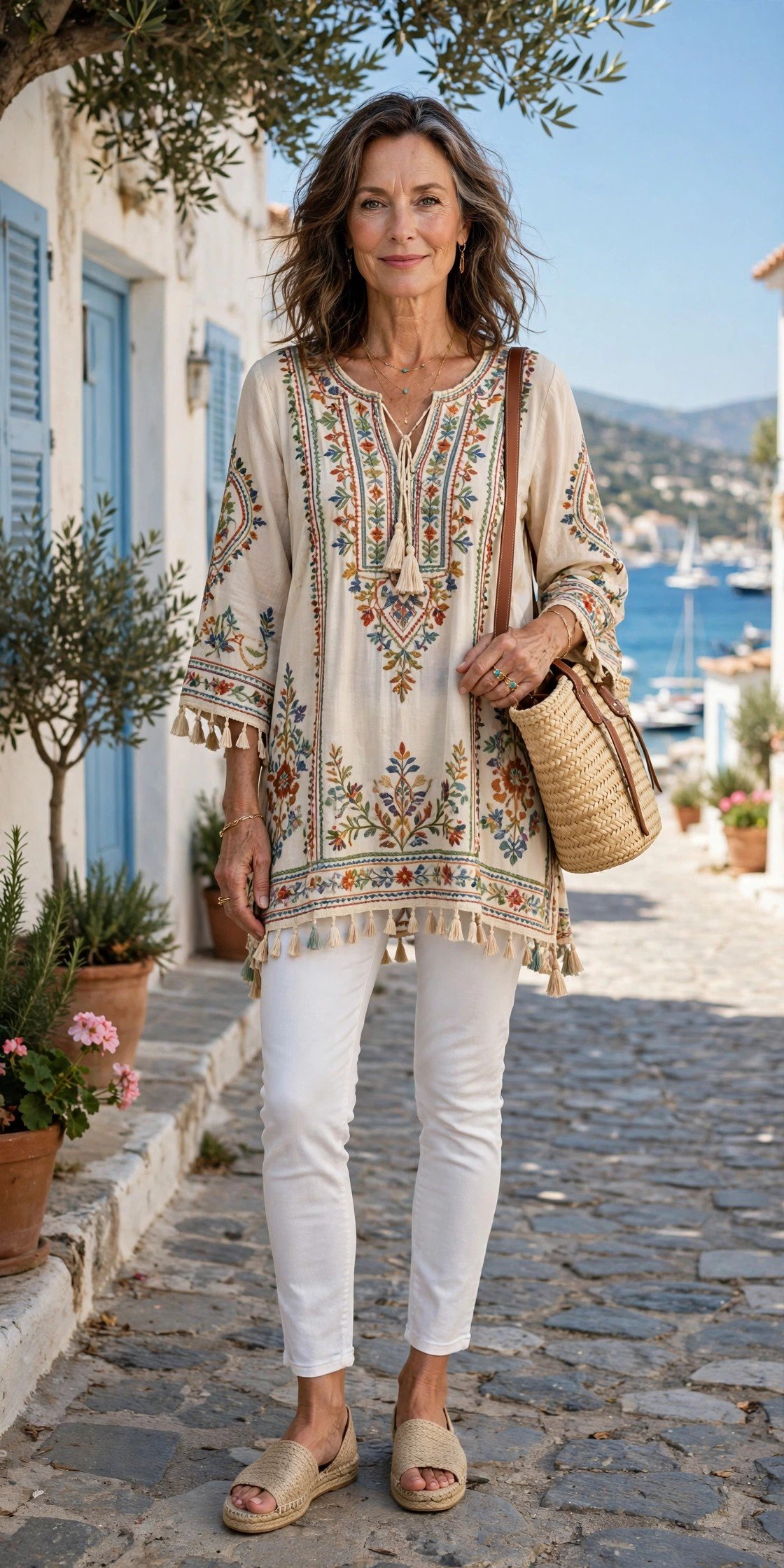 A mature woman wearing an embroidered boho tunic with slim white jeans