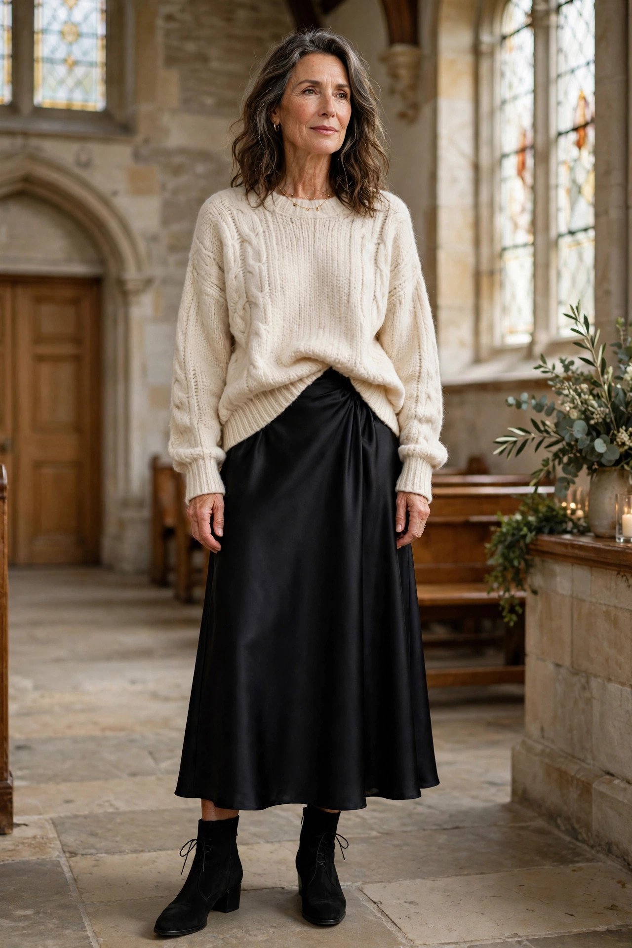 Merino sweater with satin midi skirt