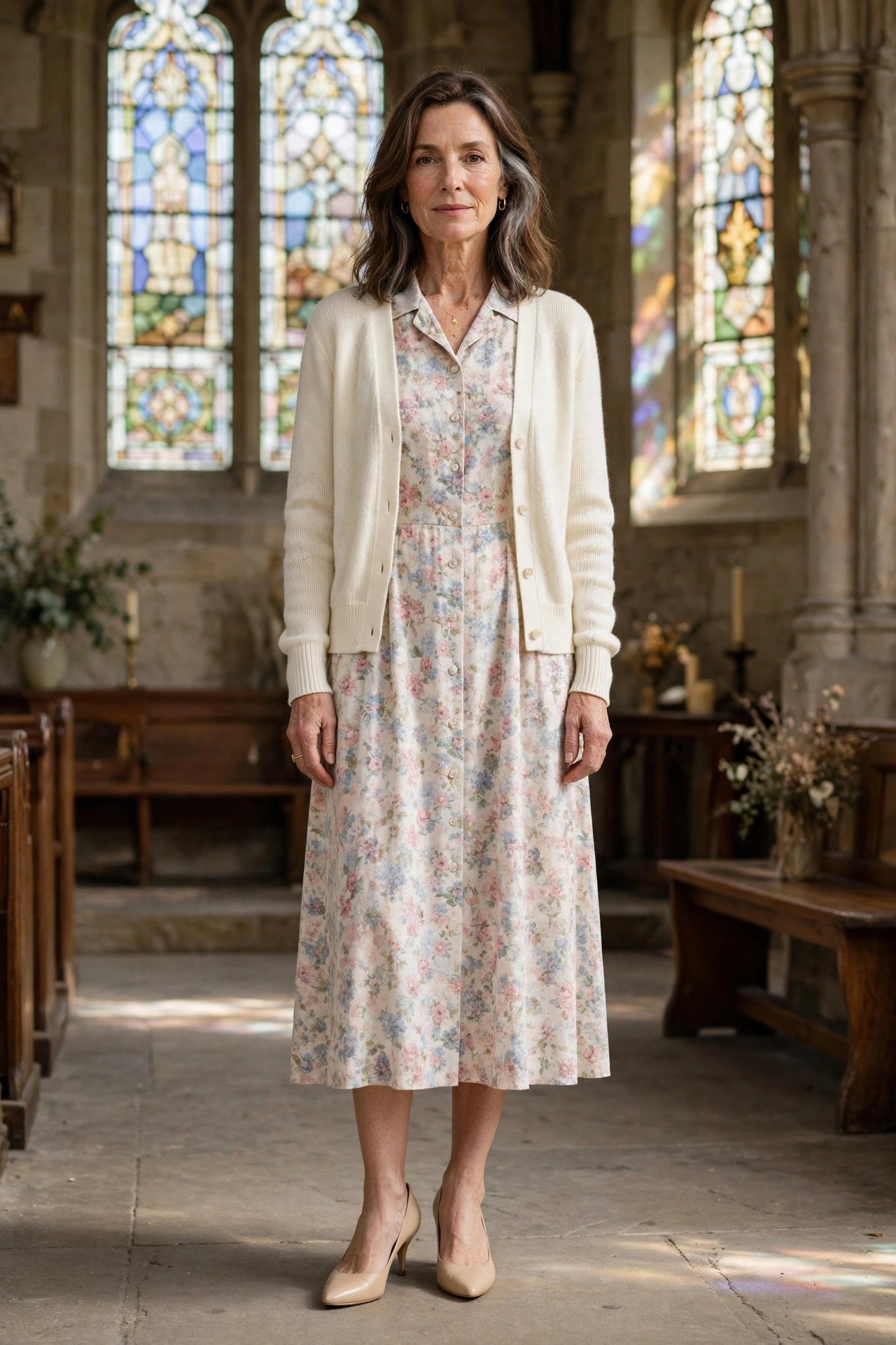 Floral dress with classic cardigan for church