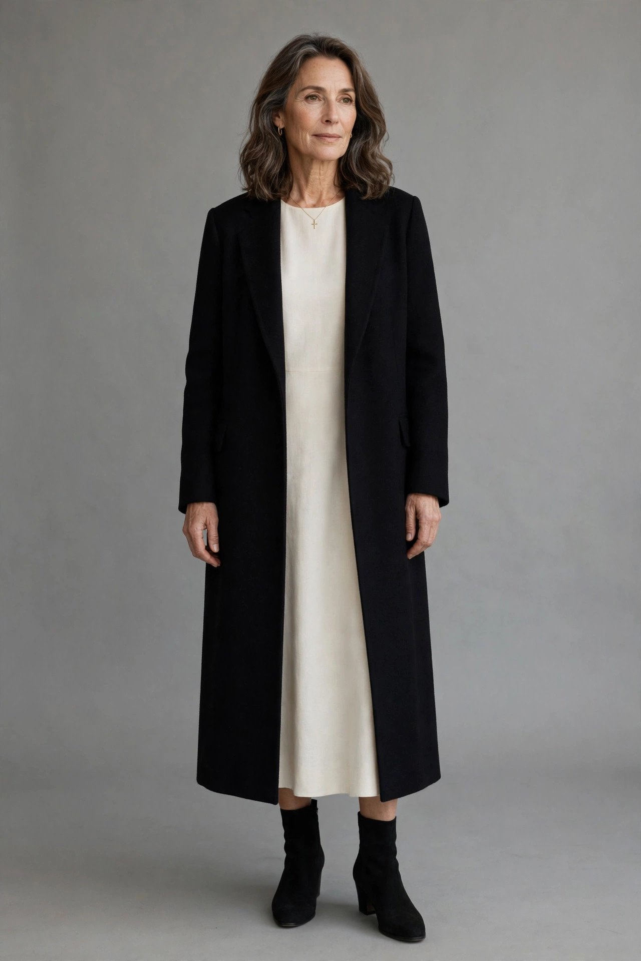 Neutral coat with simple dress