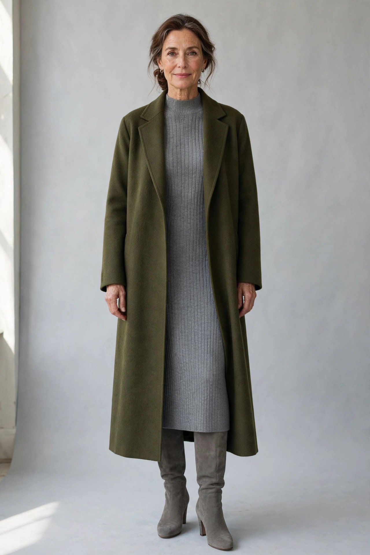 Olive coat over knit dress for church
