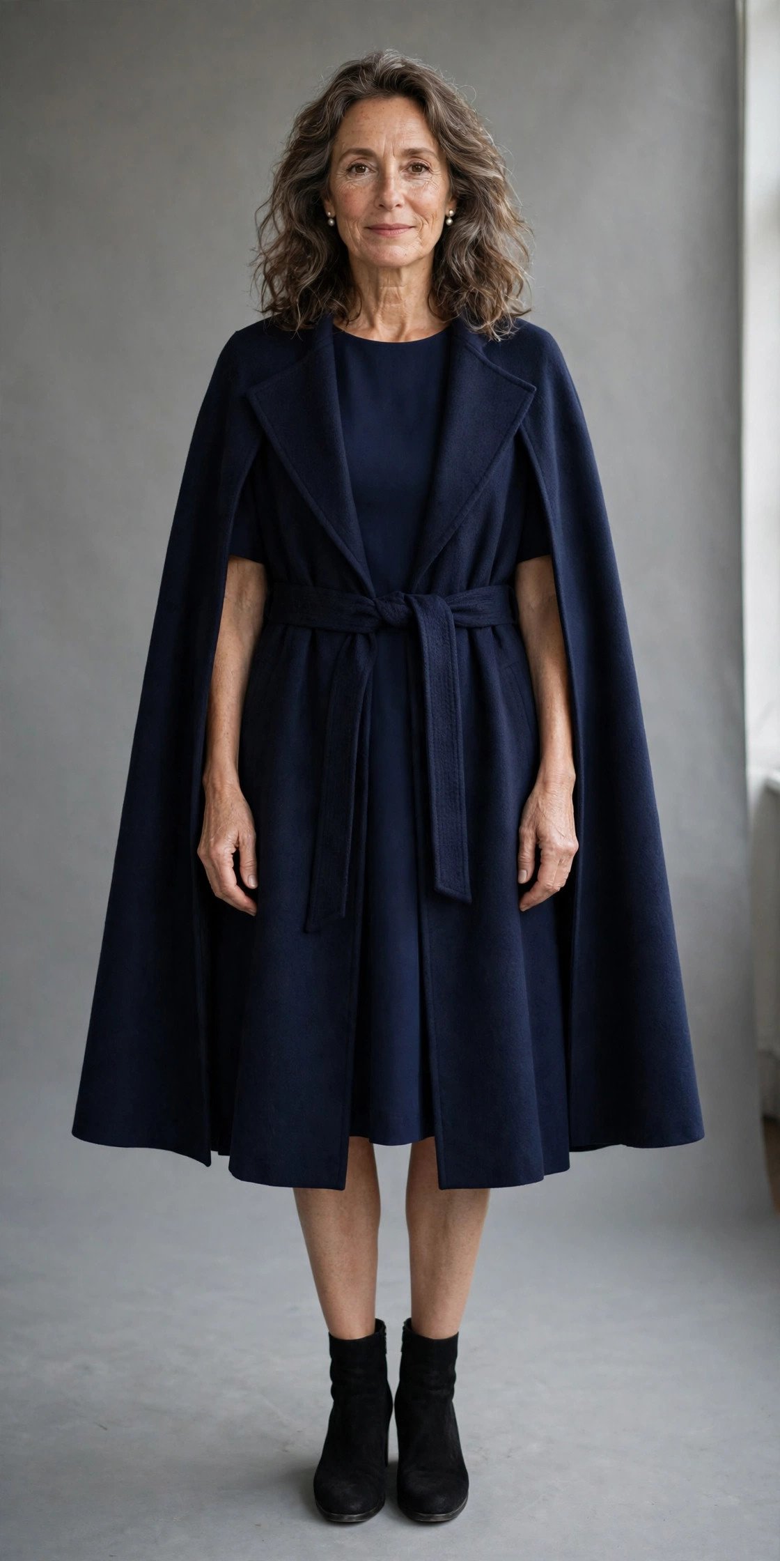 Cape coat with simple shift dress