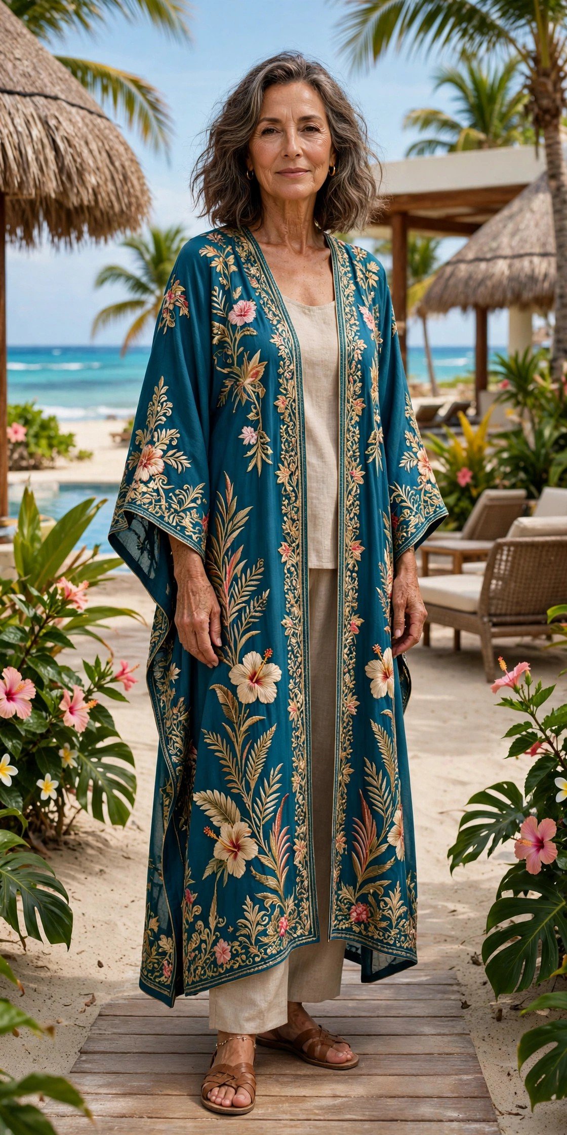 Elegant embroidered kaftan, resort wear for mature women