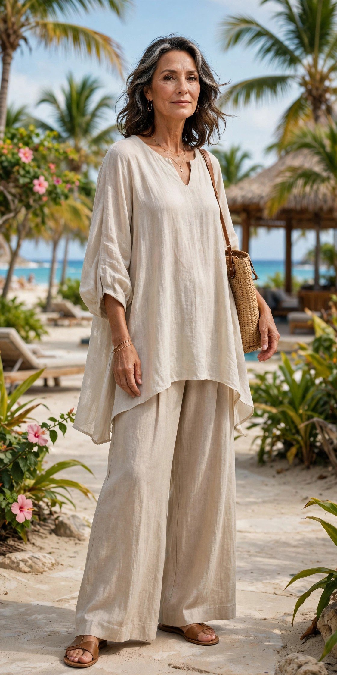Wide-leg linen pants with a flowing tunic