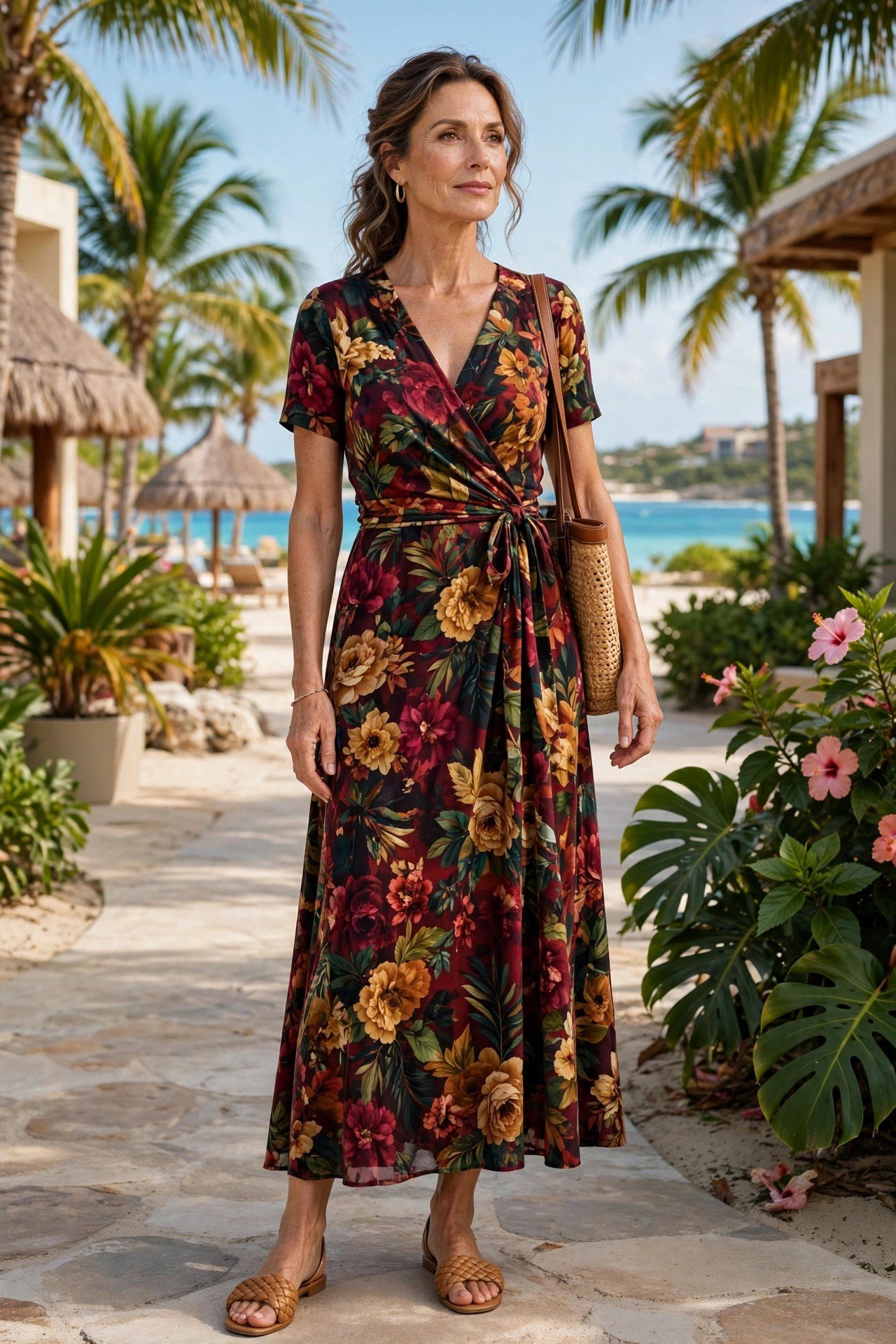 Floral wrap dress in rich tones for women over 50