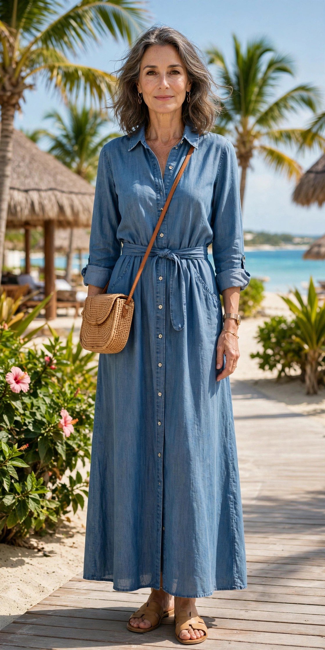 Chambray maxi shirt dress, timeless casual elegance