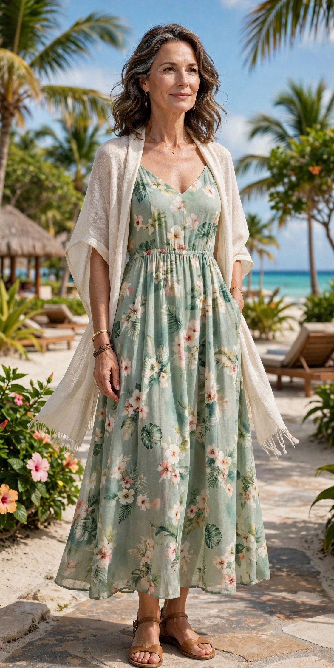 Elegant sundress styled with a lightweight shawl
