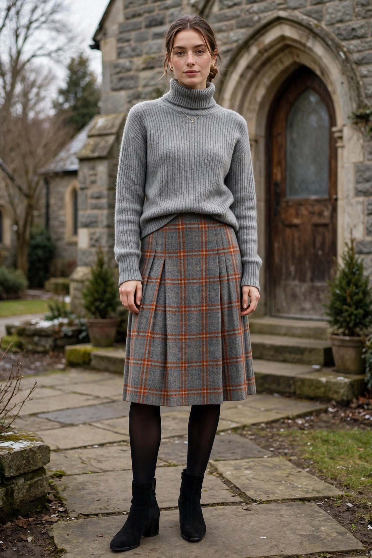 Grey sweater with plaid skirt for church