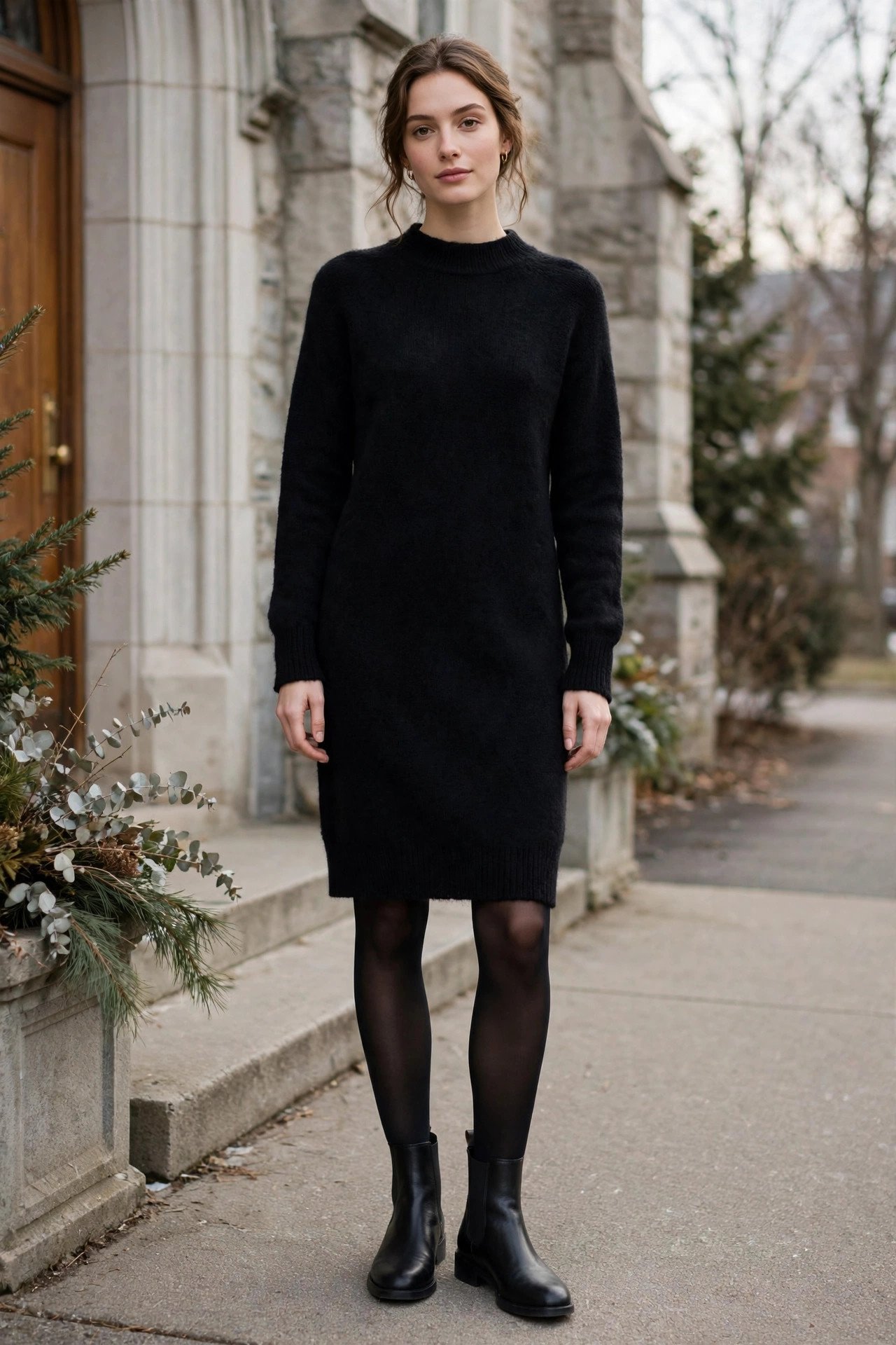 Simple knit dress with opaque tights