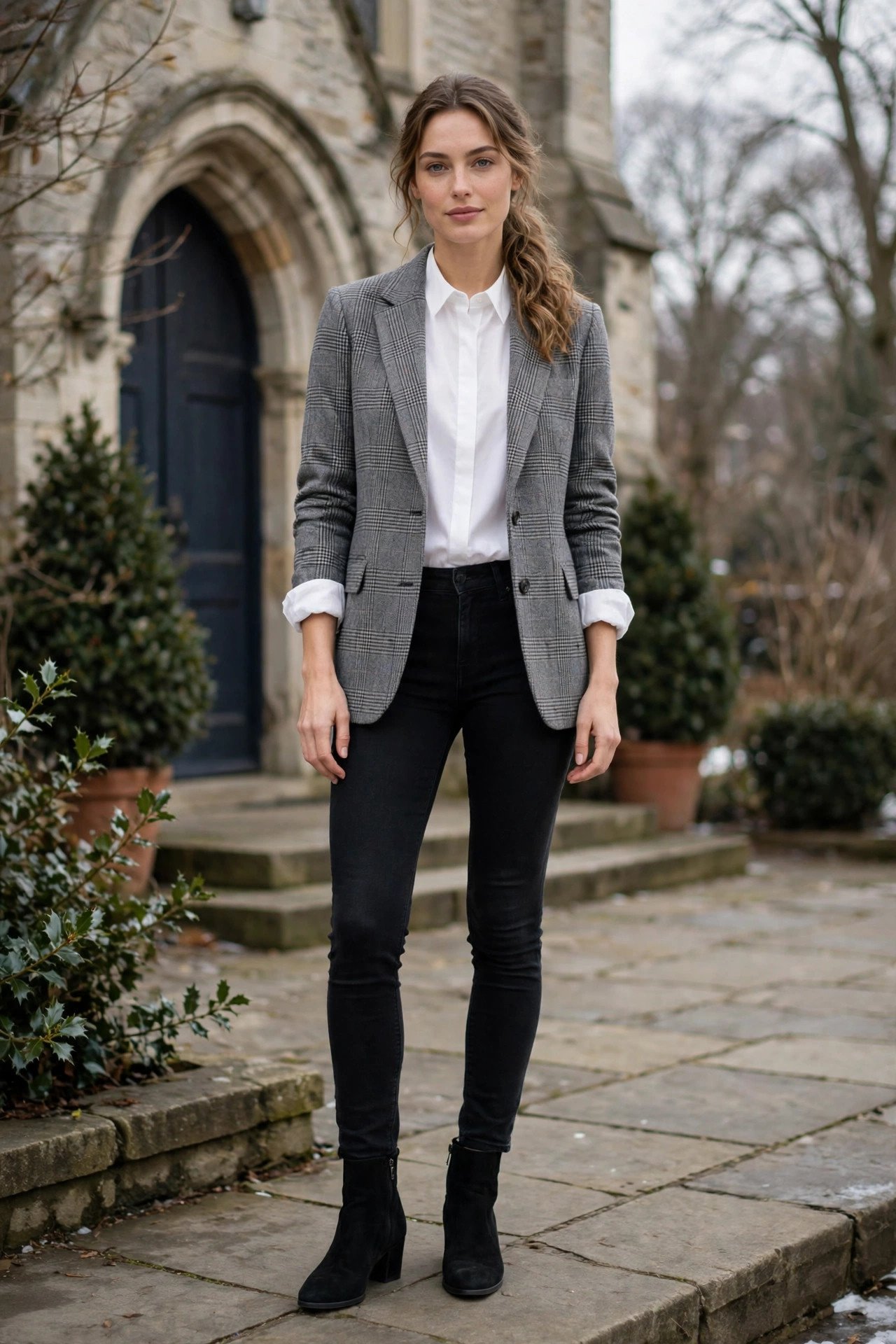 Black jeans with white blouse and plaid blazer