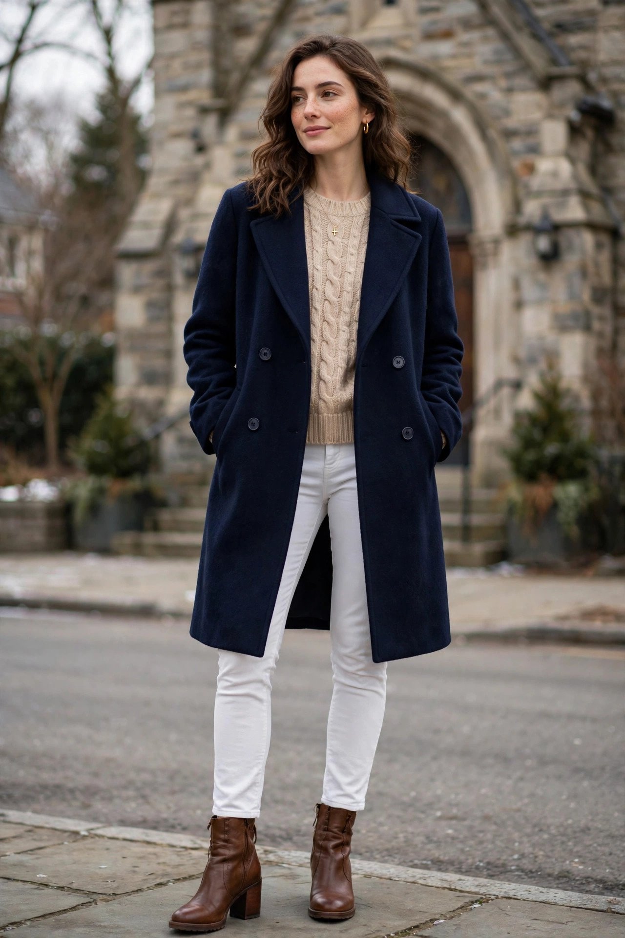 White jeans with navy wool coat