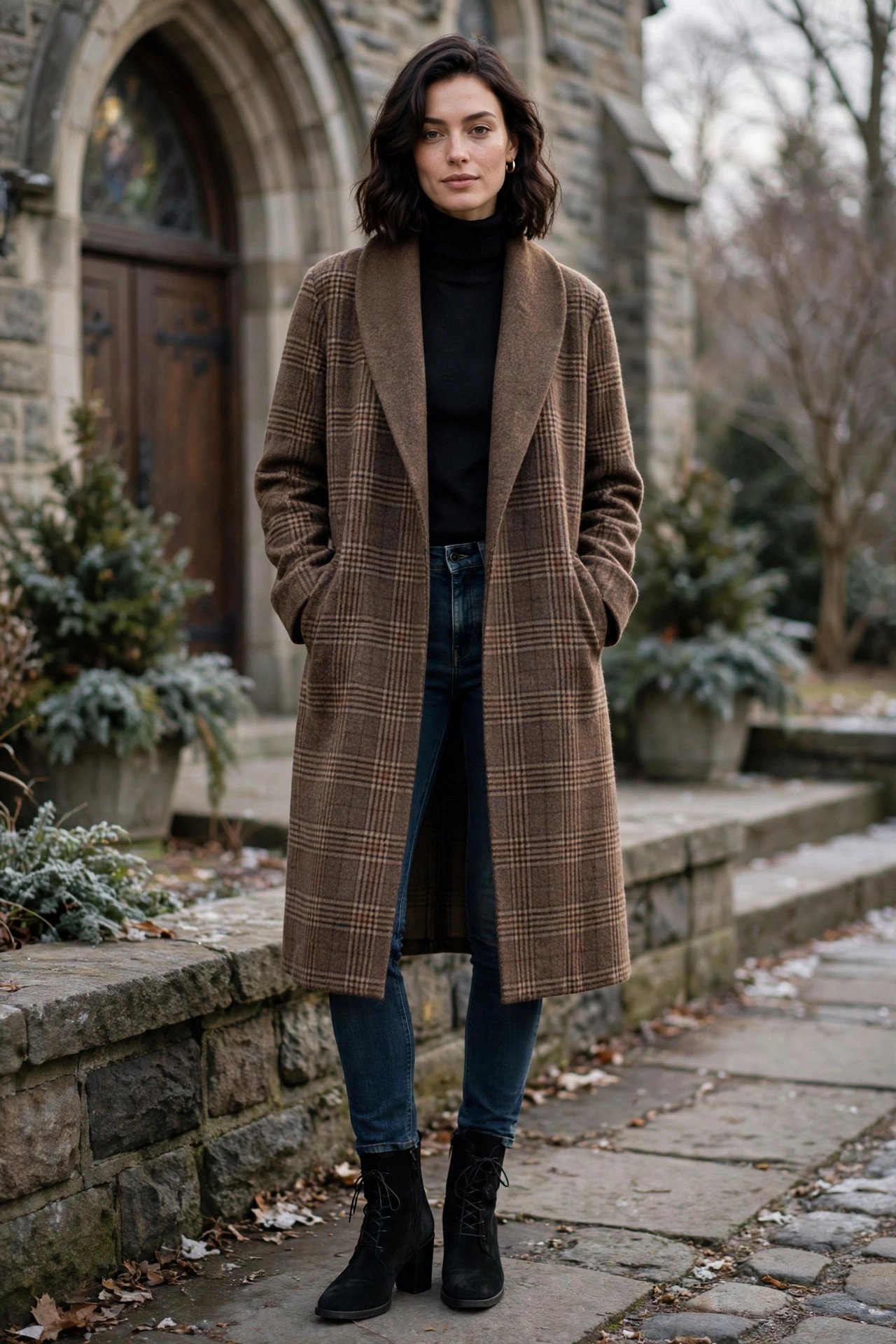 Plaid shawl coat with dark jeans and black turtleneck