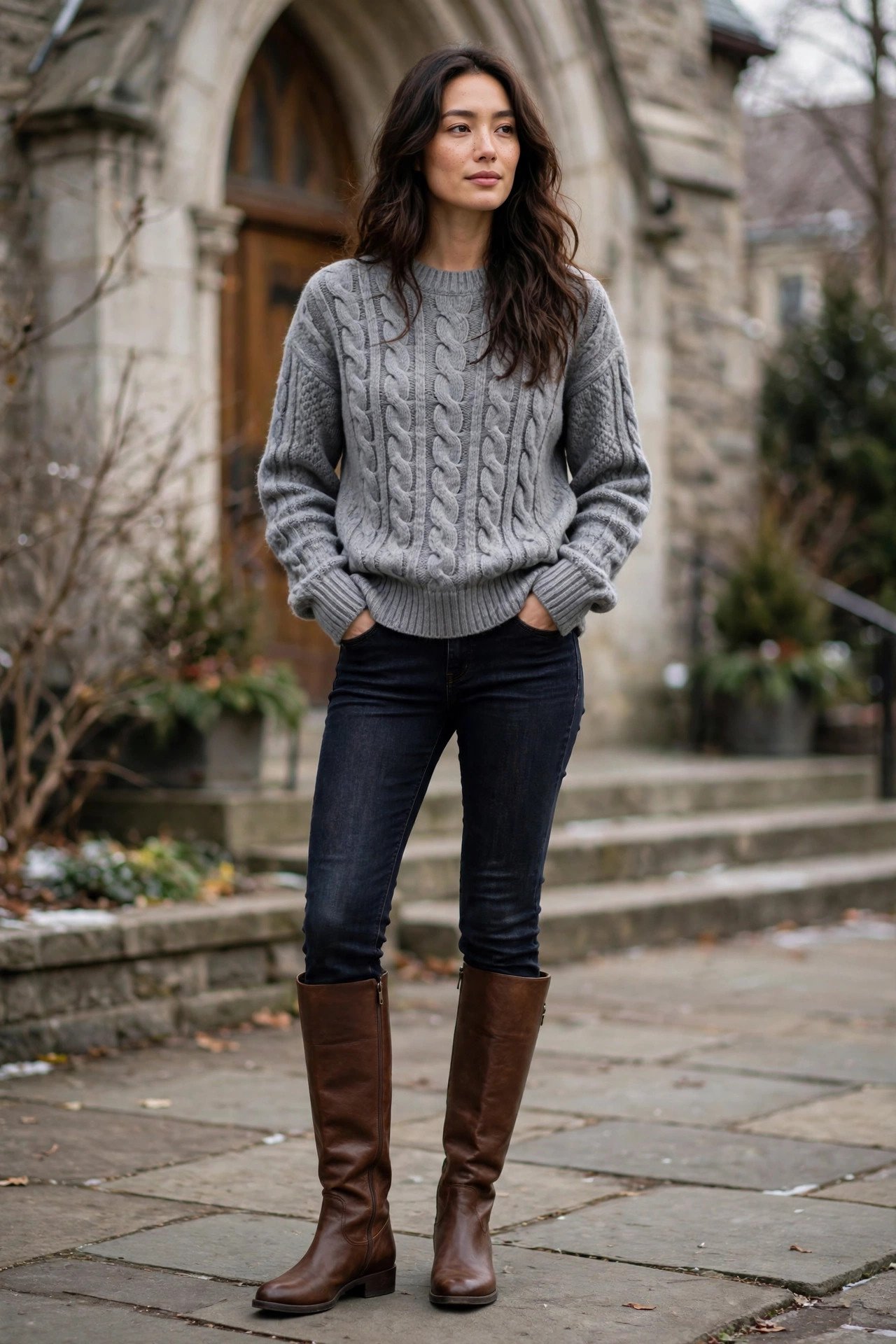 Cable-knit sweater with dark jeans and knee boots