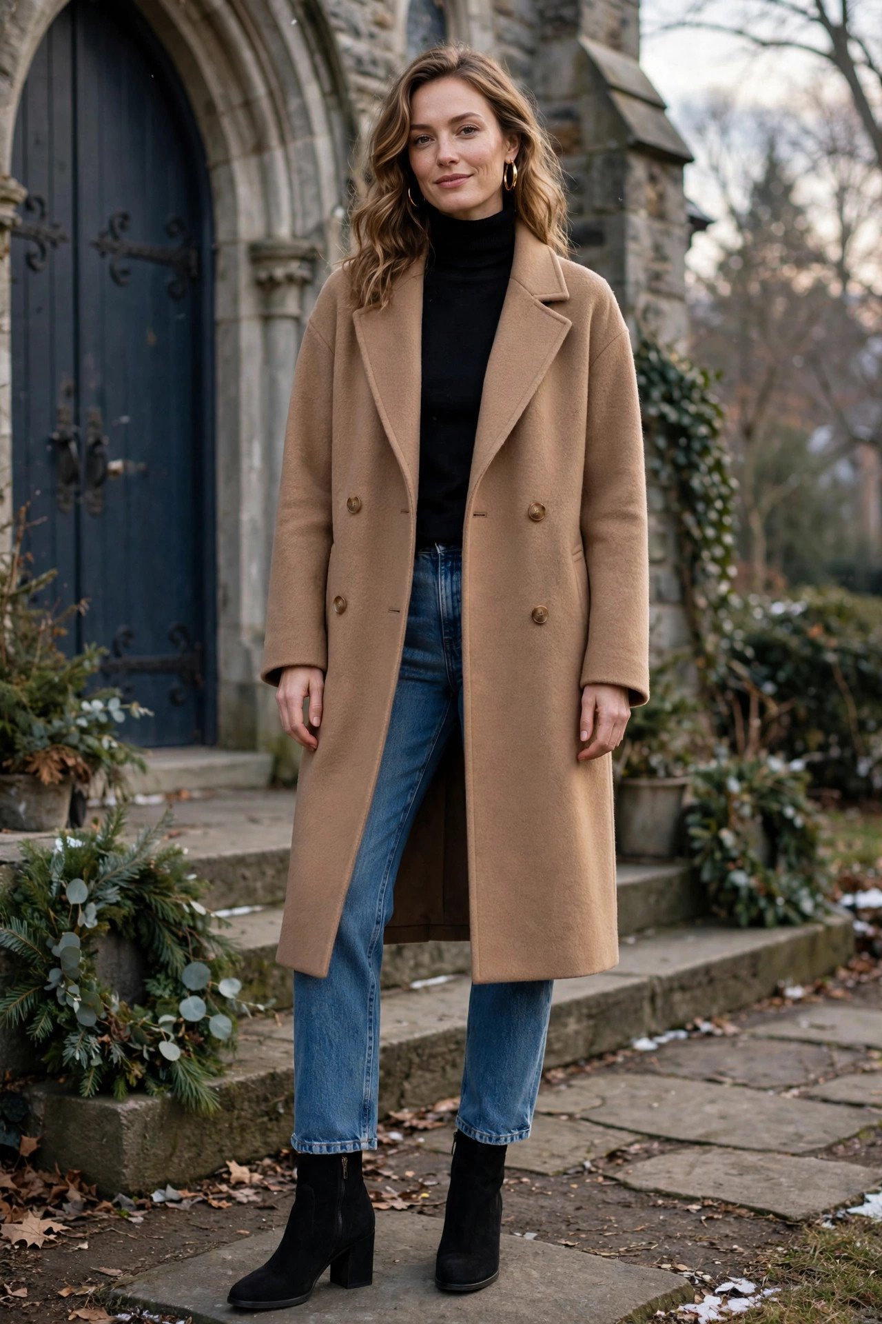 Camel coat with black turtleneck and dark jeans